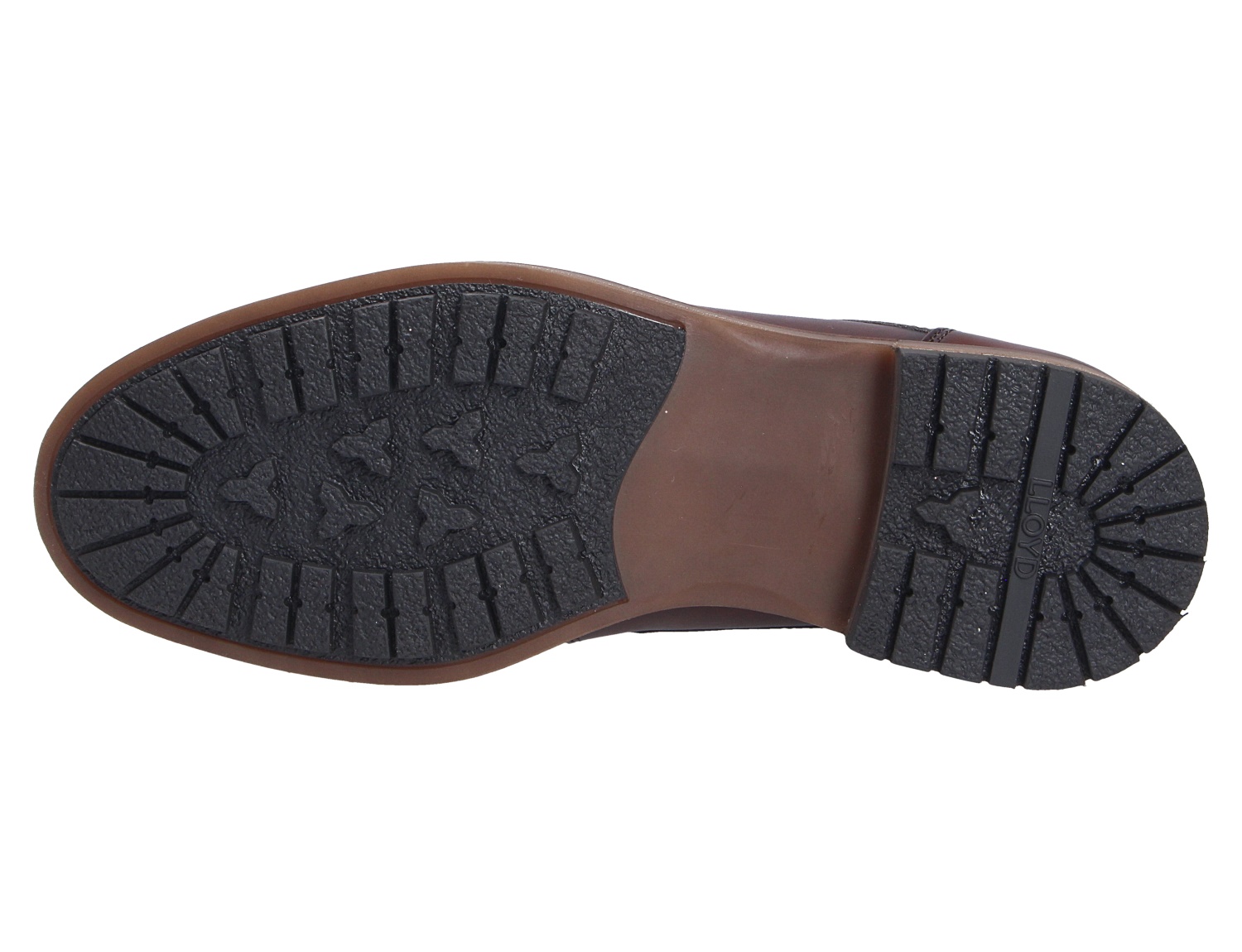 Unteransicht der profilierten Laufsohle des Lloyd VIBE 327GL Schuhs mit rutschhemmendem Profil und Absatz