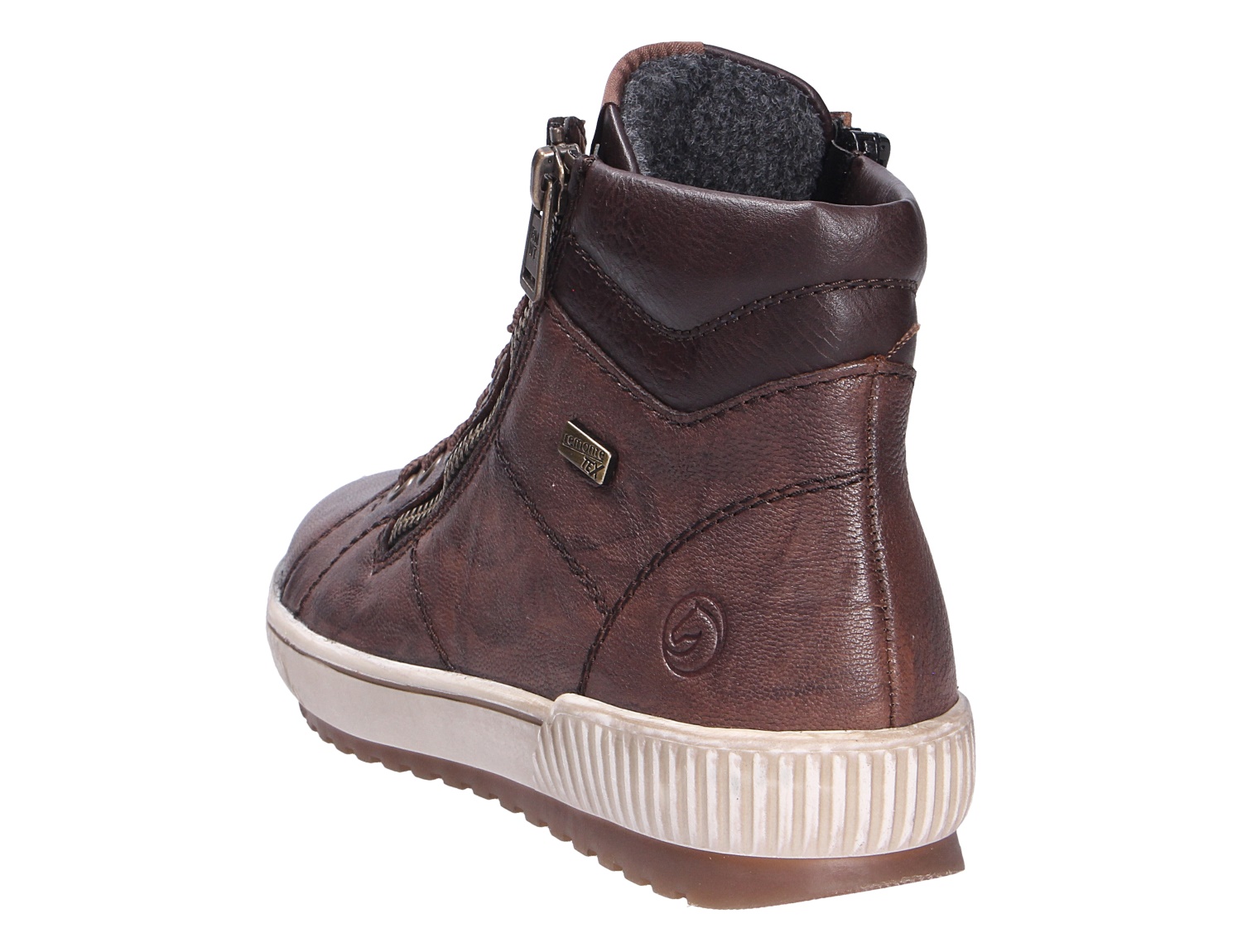 Remonte Damen Stiefel, brauner Lederlook-Stiefel mit seitlichem Reißverschluss, warmem Innenfutter und heller Profilsohle in Rückansicht