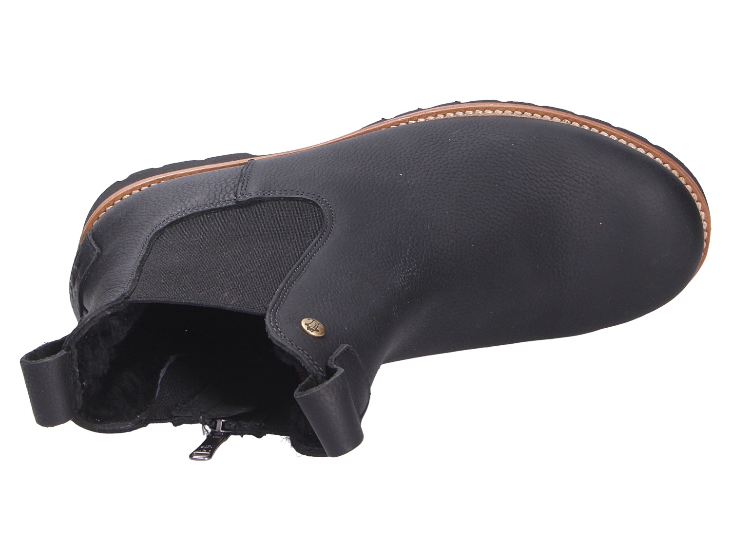 Panama Jack Beny Chelsea-Boot in Schwarz aus Leder, Seitenansicht mit Elastikeinsatz und warmem Innenfutter