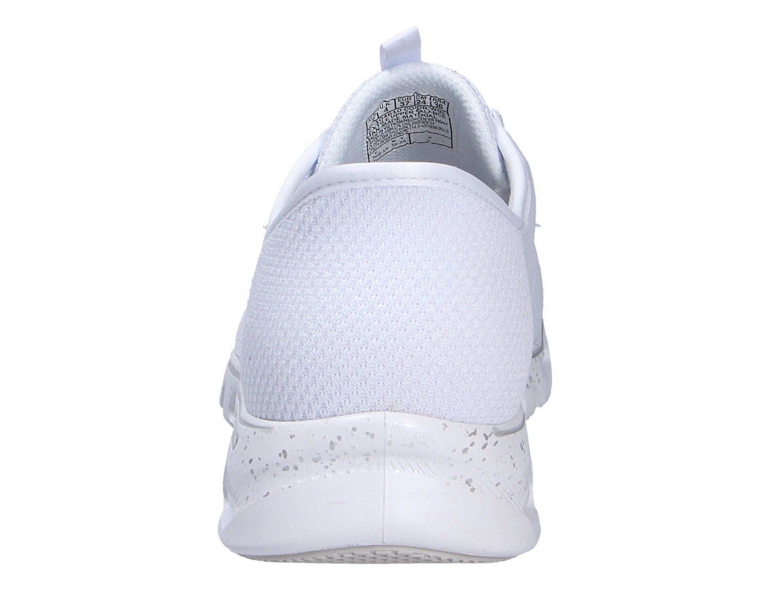 Rückansicht des weißen Skechers Glide Step Sneakers mit atmungsaktivem Obermaterial und gesprenkelter Sohle