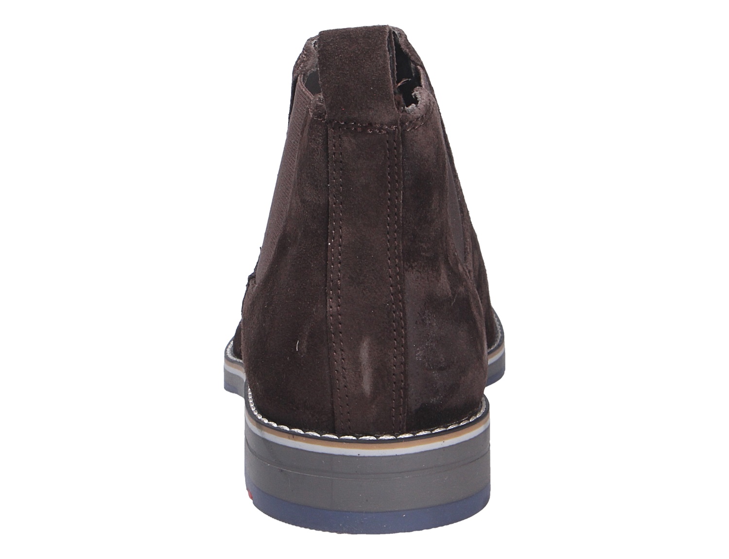 Rückansicht des Lloyd DRIFT 315 Chelsea-Boots aus braunem Veloursleder mit Elastikeinsatz und robuster Sohle