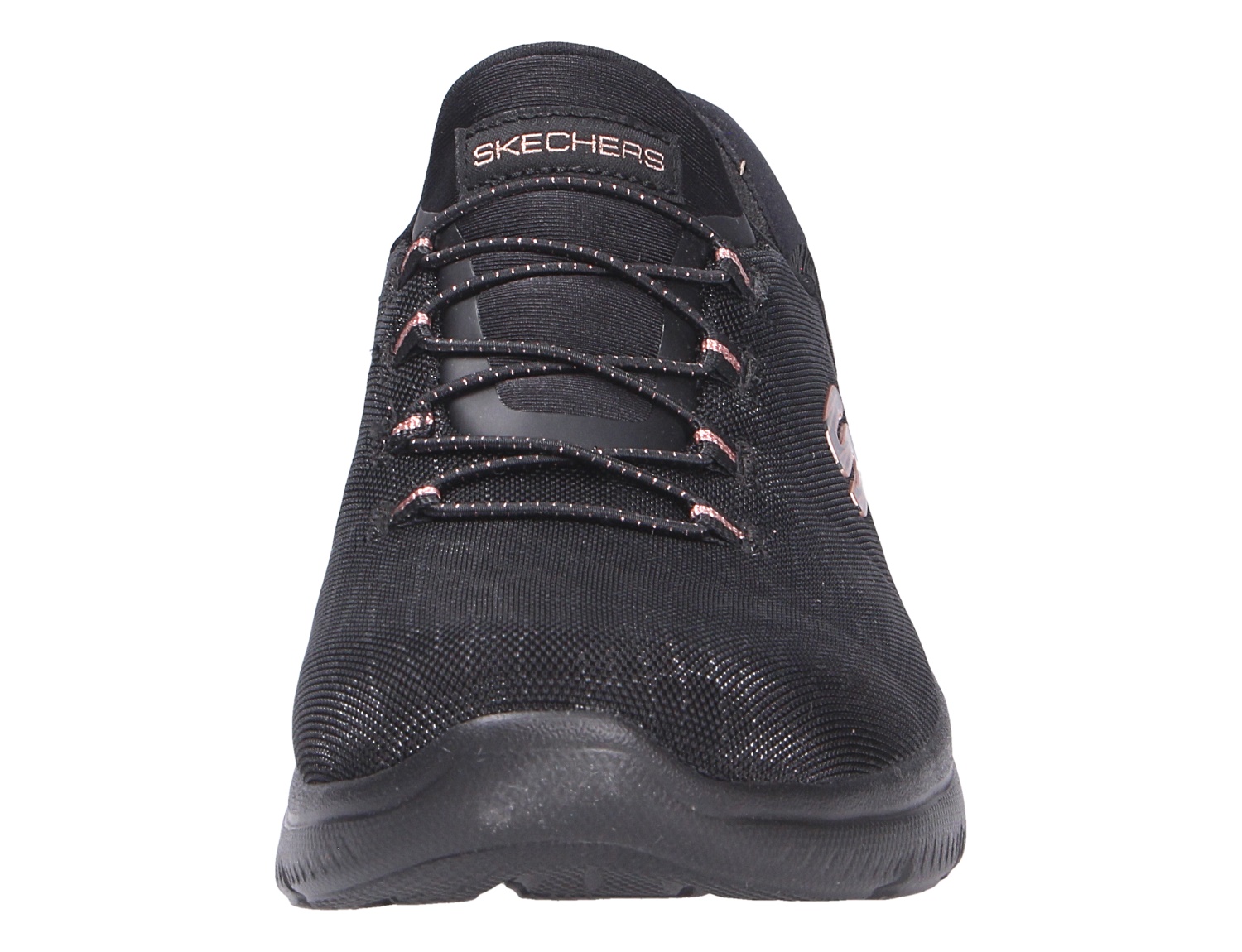 Frontansicht des schwarzen Skechers Summits Sneakers mit elastischer Schnürung, Mesh-Obermaterial und gepolsterter Sohle