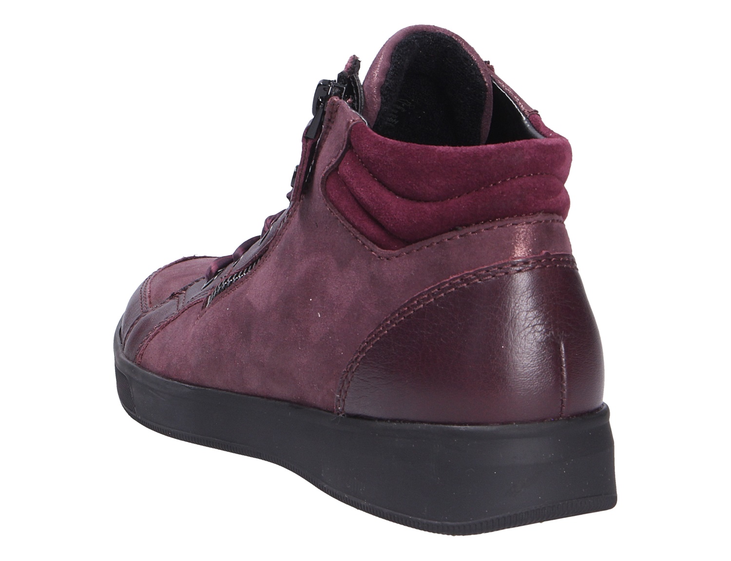 Ara ROM Damen-Sneaker in Bordeaux aus Leder, Rückansicht mit seitlichem Reißverschluss, gepolstertem Schaft und schwarzer Sohle