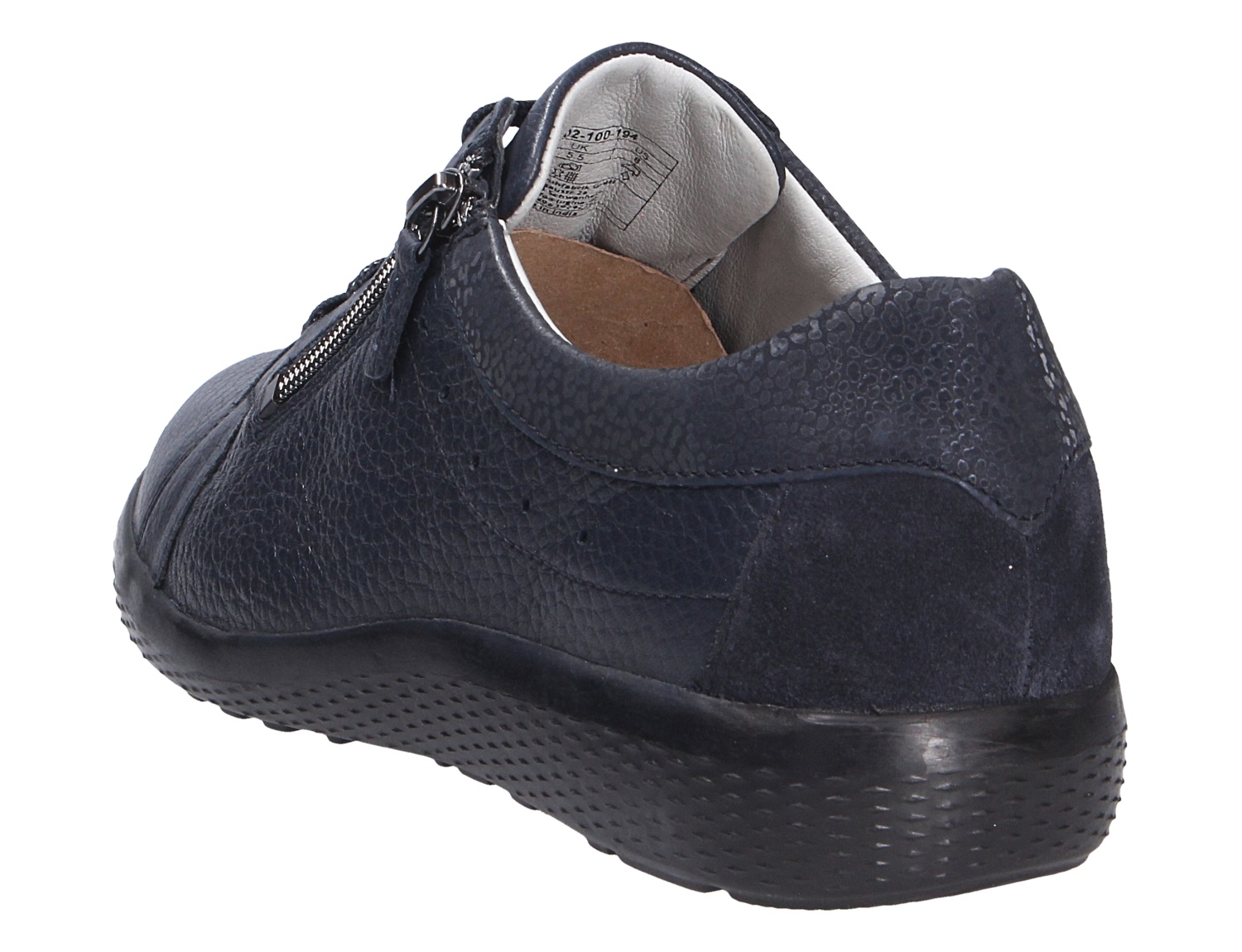 Waldläufer K-Ira Damen-Sneaker in Dunkelblau aus Leder, Rück- und Seitenansicht mit seitlichem Reißverschluss und schwarzer Sohle