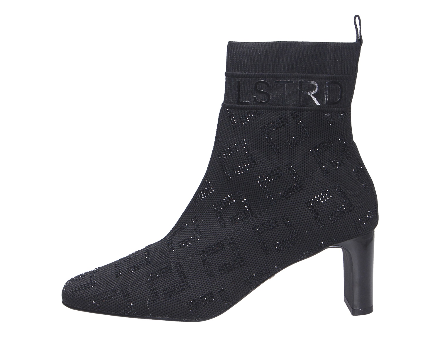 La Strada Damen Stiefel in Schwarz, knöchelhoch mit Blockabsatz, textiler Schaft mit Glitzersteinen und LSTRD-Schriftzug
