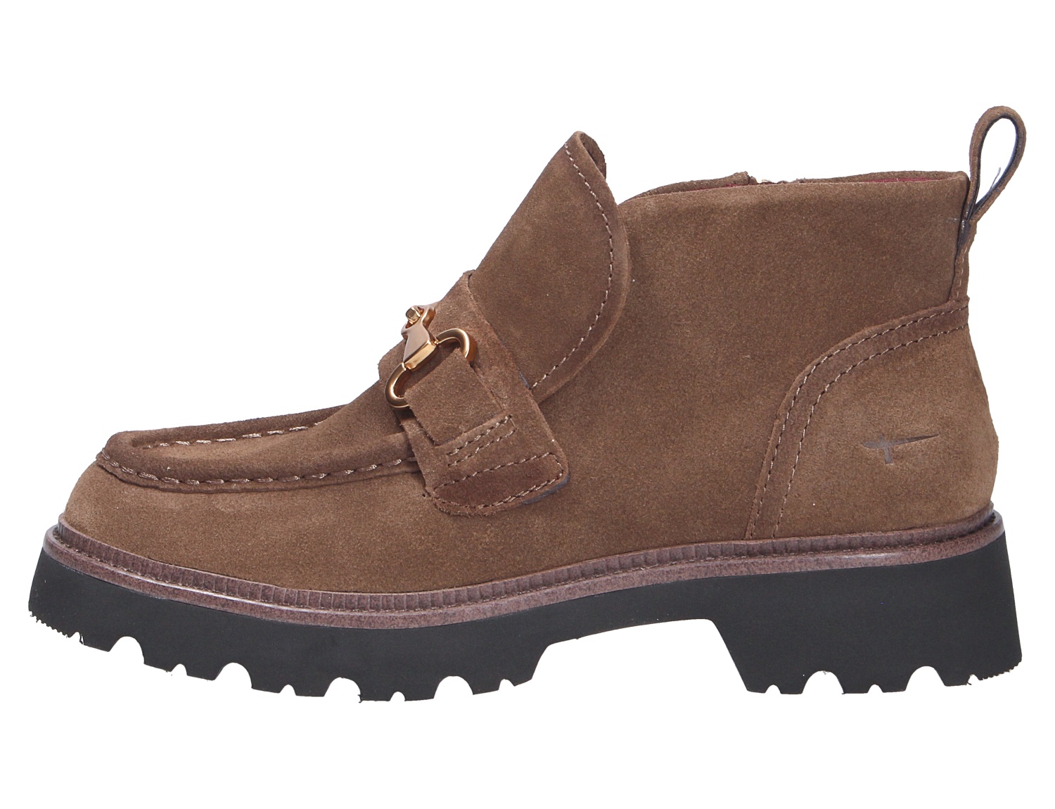Tamaris Damen Stiefel in Braun aus Veloursleder mit seitlicher Ansicht, Zierspange und robuster schwarzer Profilsohle