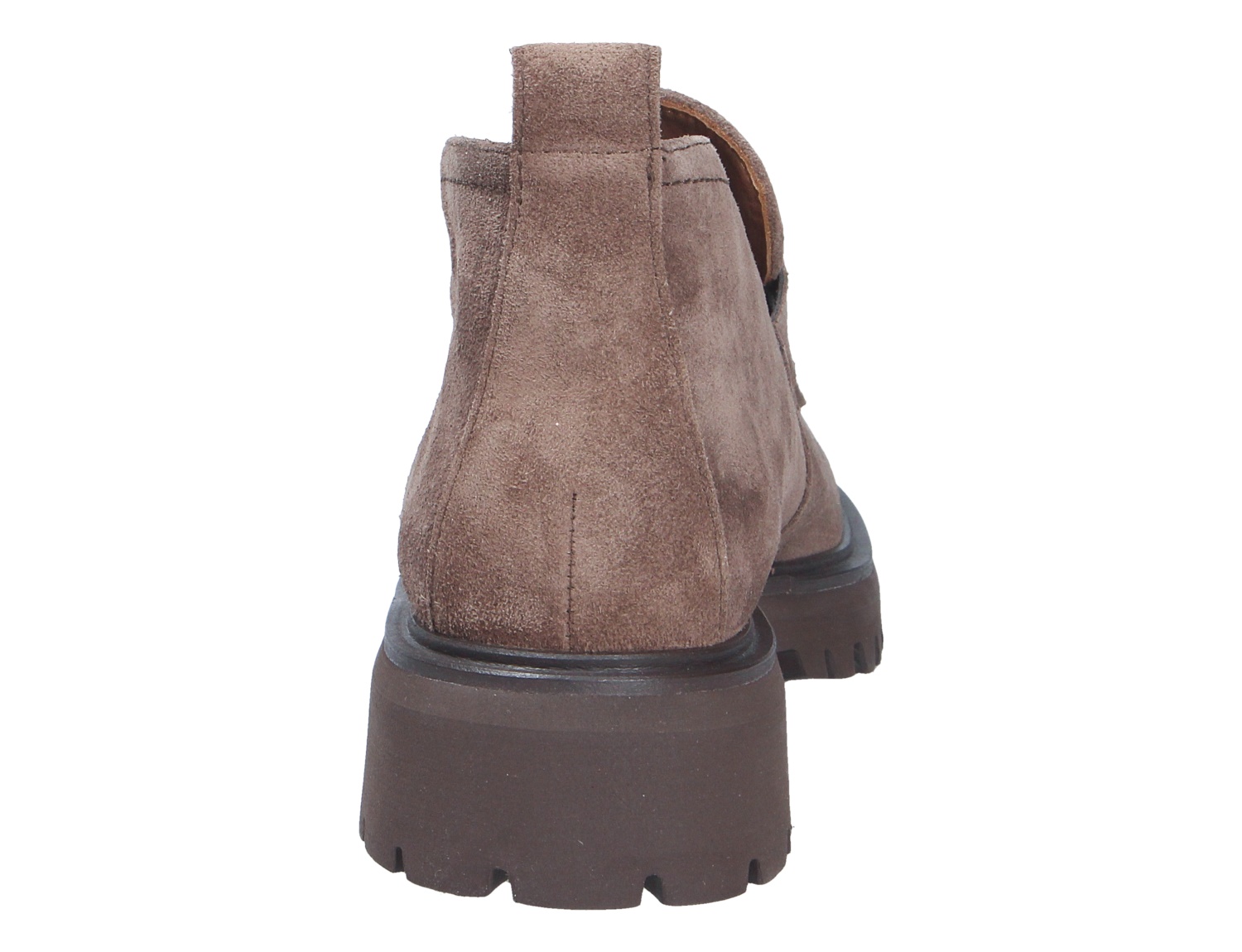 Rückansicht des Paul Green Damen Slippers aus taupefarbenem Veloursleder mit breiter, schwarzer Profilsohle und Zuglasche