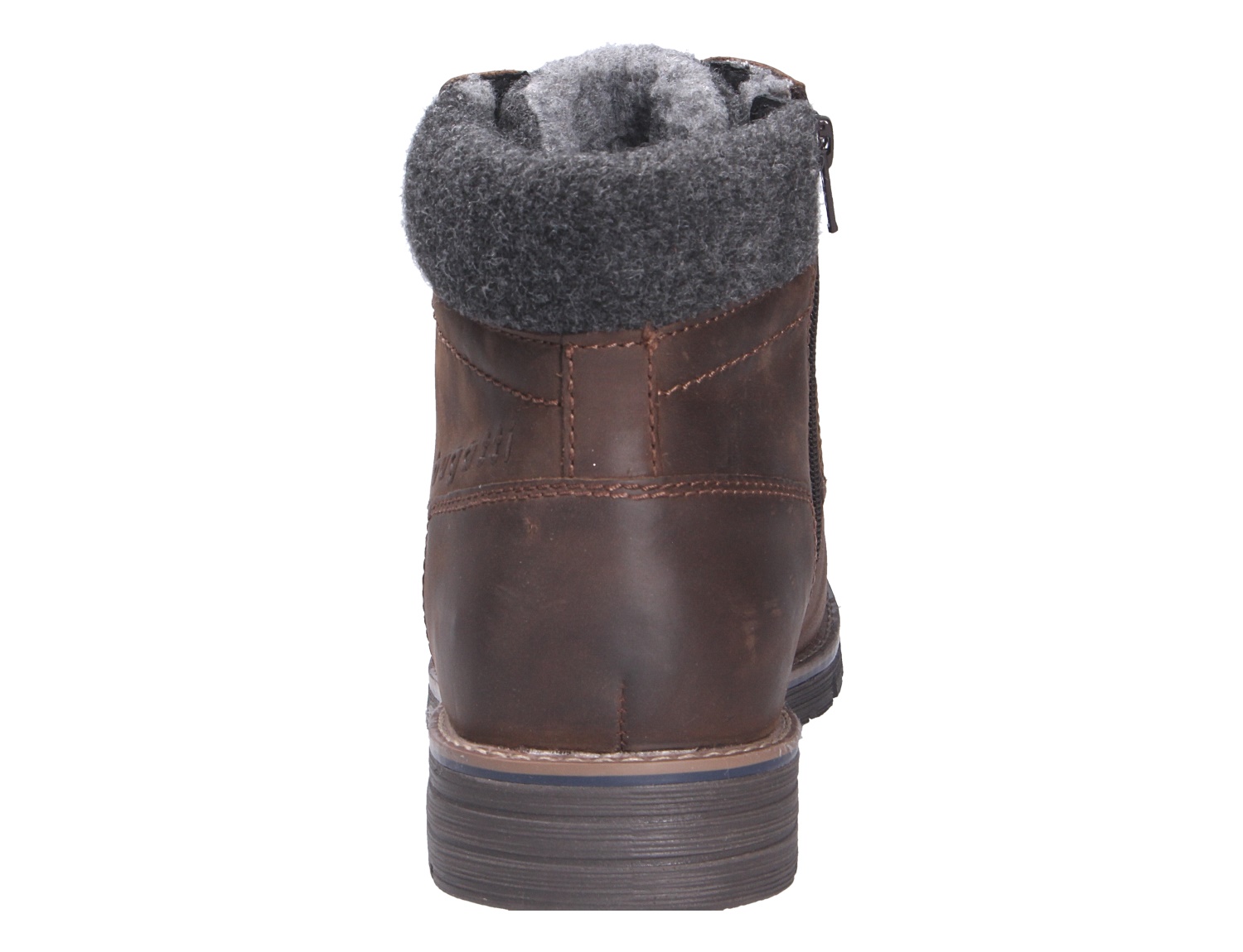 Rückansicht der bugatti Herren Stiefel in Braun mit warmem grauem Schaftrand, robuster Sohle und seitlichem Reißverschluss