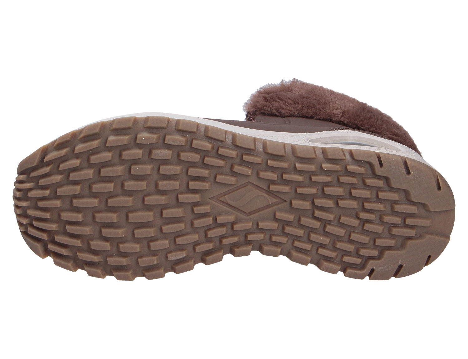 Unteransicht der profilierten Laufsohle des Skechers Uno Rugged mit griffigem Profil und braunem Winterfutter