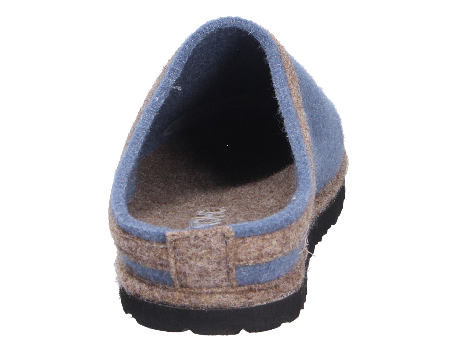 Rückansicht der Rohde Damen Hausschuhe aus Filz in Blau und Beige mit schwarzer Sohle