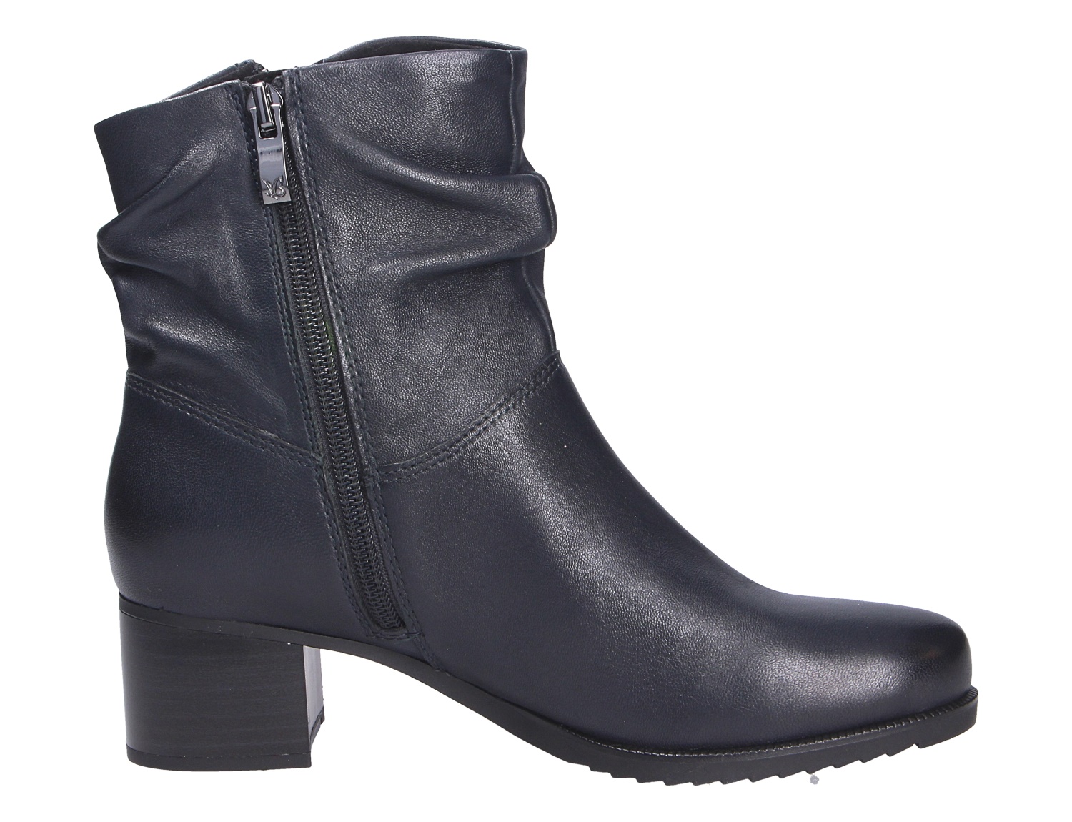 Caprice Damen Stiefel in Dunkelblau, knöchelhoch aus glattem Leder mit seitlichem Reißverschluss, gerafftem Schaft und Blockabsatz
