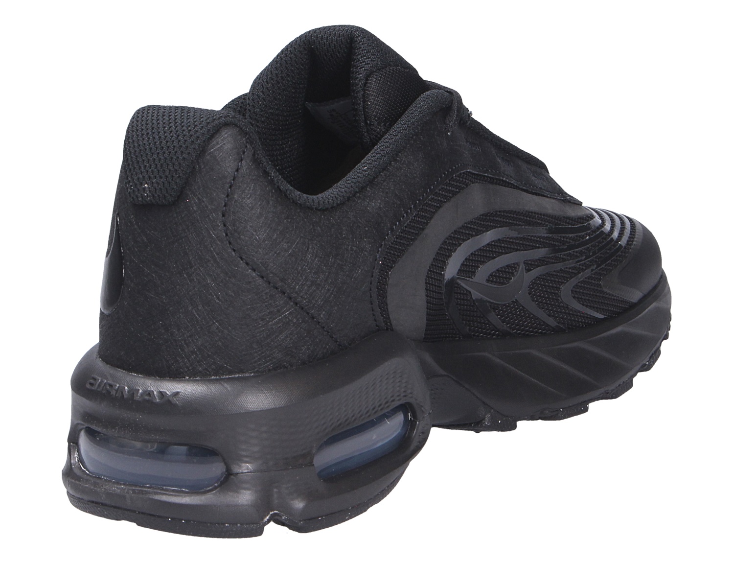 Nike AIR Max Fire Herren-Sneaker in Schwarz, sportlicher Freizeitschuh mit markantem Design und sichtbarer Air-Max-Dämpfung in Rück- und Seitenansicht