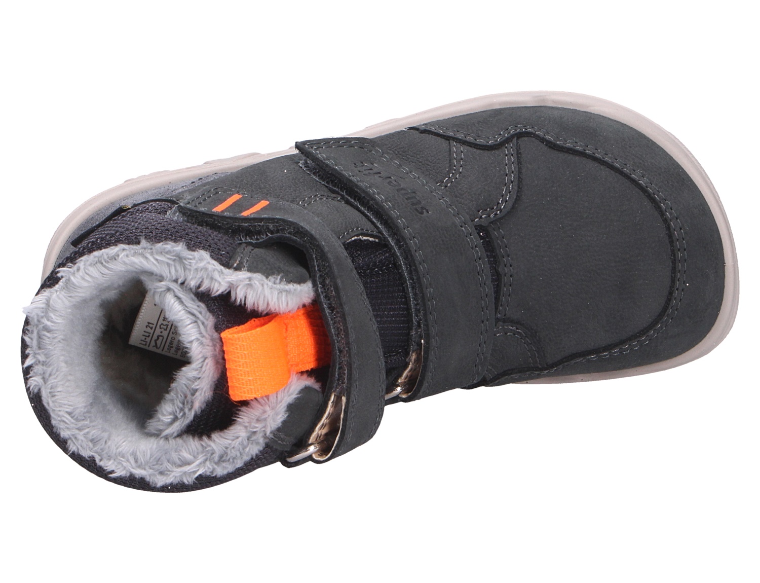 Draufsicht auf den schwarzen Superfit WALDERI Winterstiefel mit Klettverschluss, flauschigem Innenfutter und orangefarbenen Details