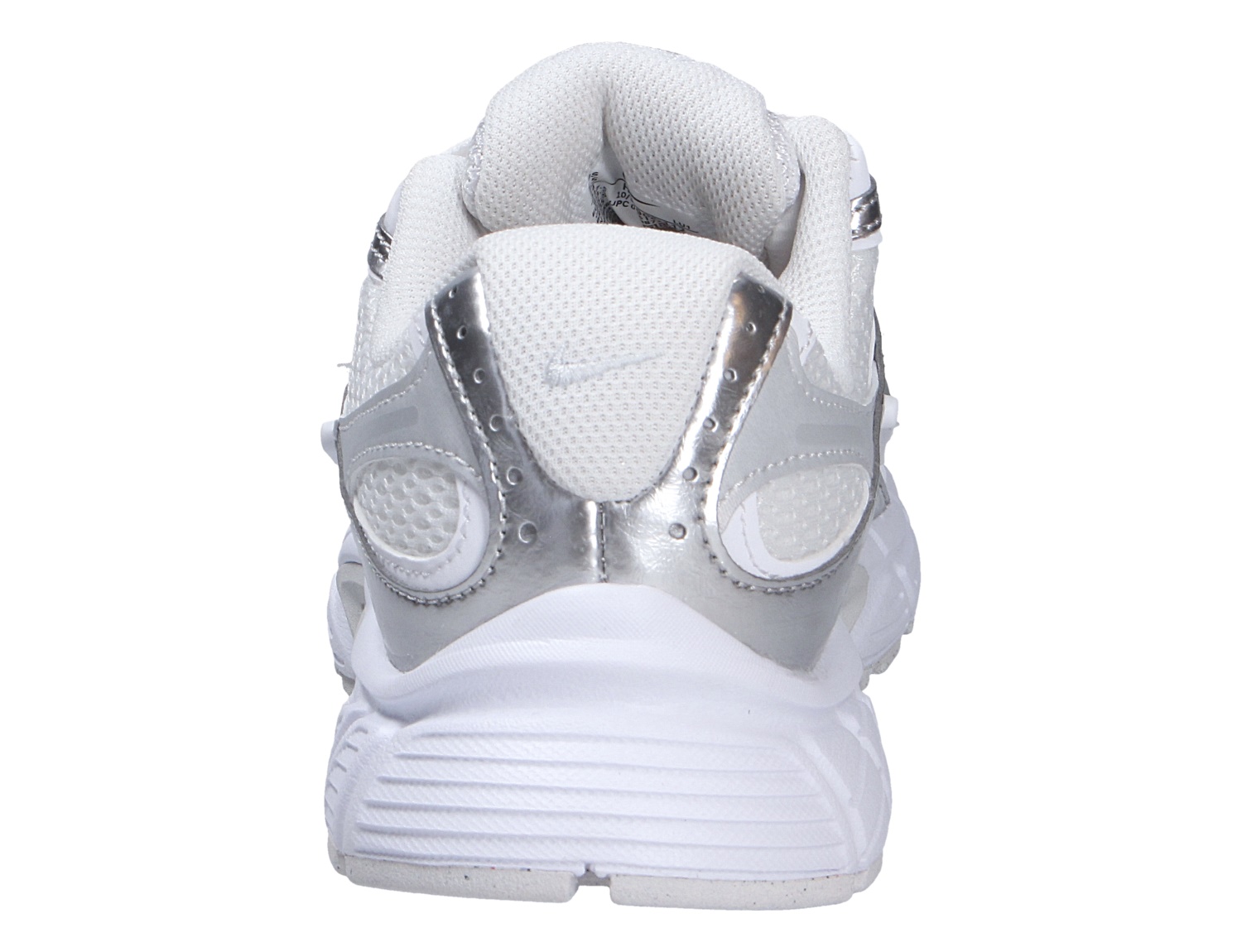 Rückansicht des Nike V5 RNR Sneakers in Weiß mit silbernen Details und markanter Sohle