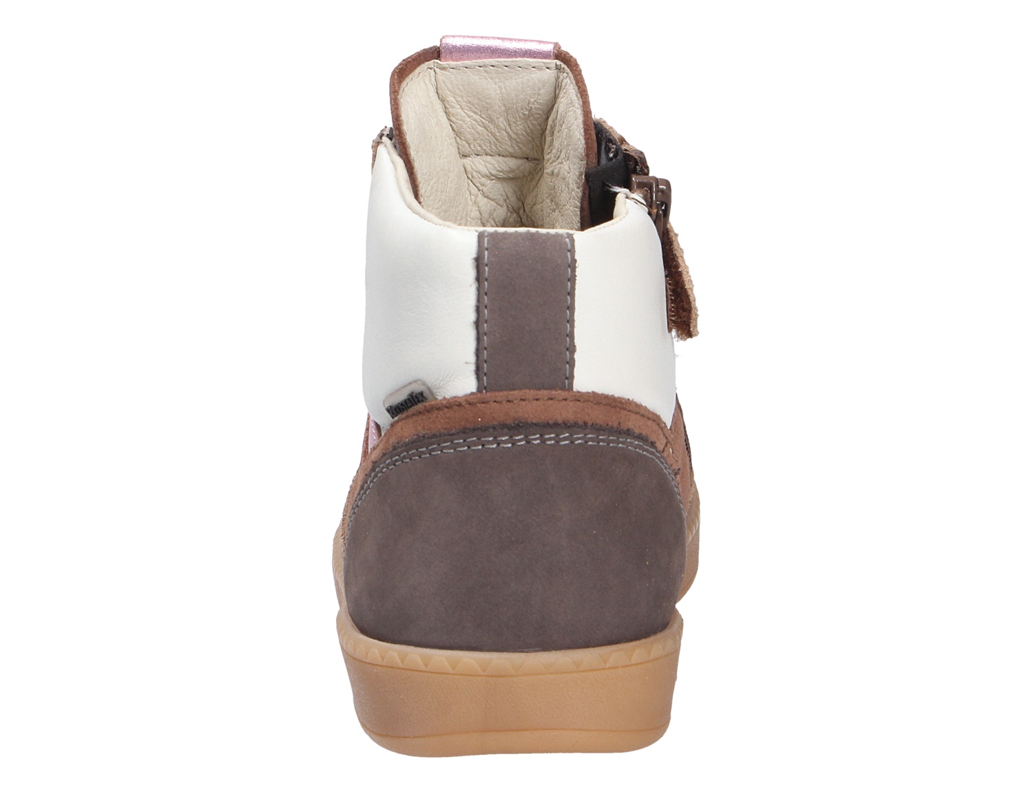 Rückansicht des Ricosta Mädchen Sneakerboots in Braun und Creme mit hohem Schaft, weichem Innenfutter und rutschfester Sohle