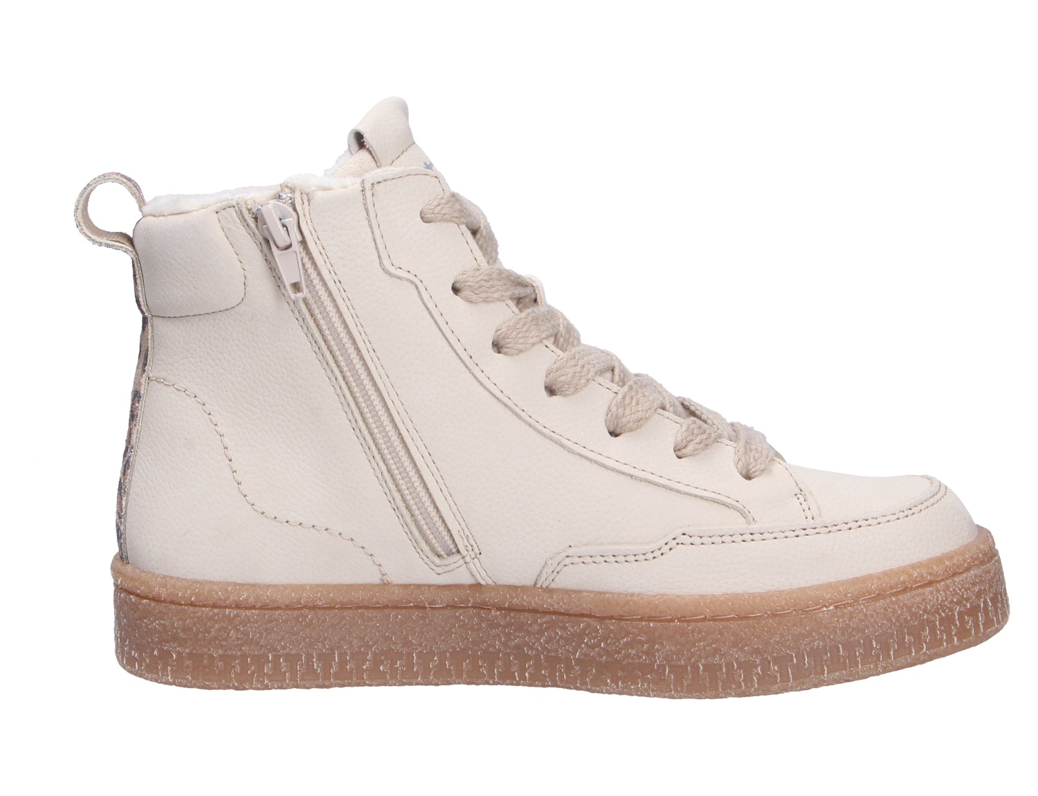 Tamaris Damen Sneaker in Creme, seitliche Ansicht eines High-Top-Sneakers mit Reißverschluss, Schnürung und brauner Sohle