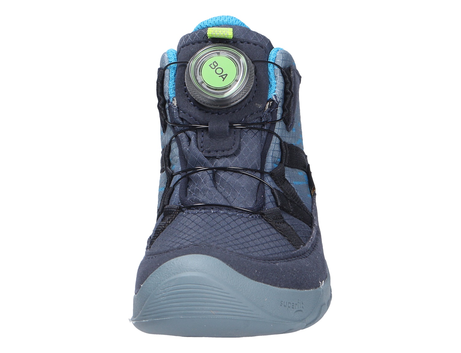 Frontansicht des Superfit TRACE Schuhs in Blau mit BOA-Drehverschluss und robuster Sohle