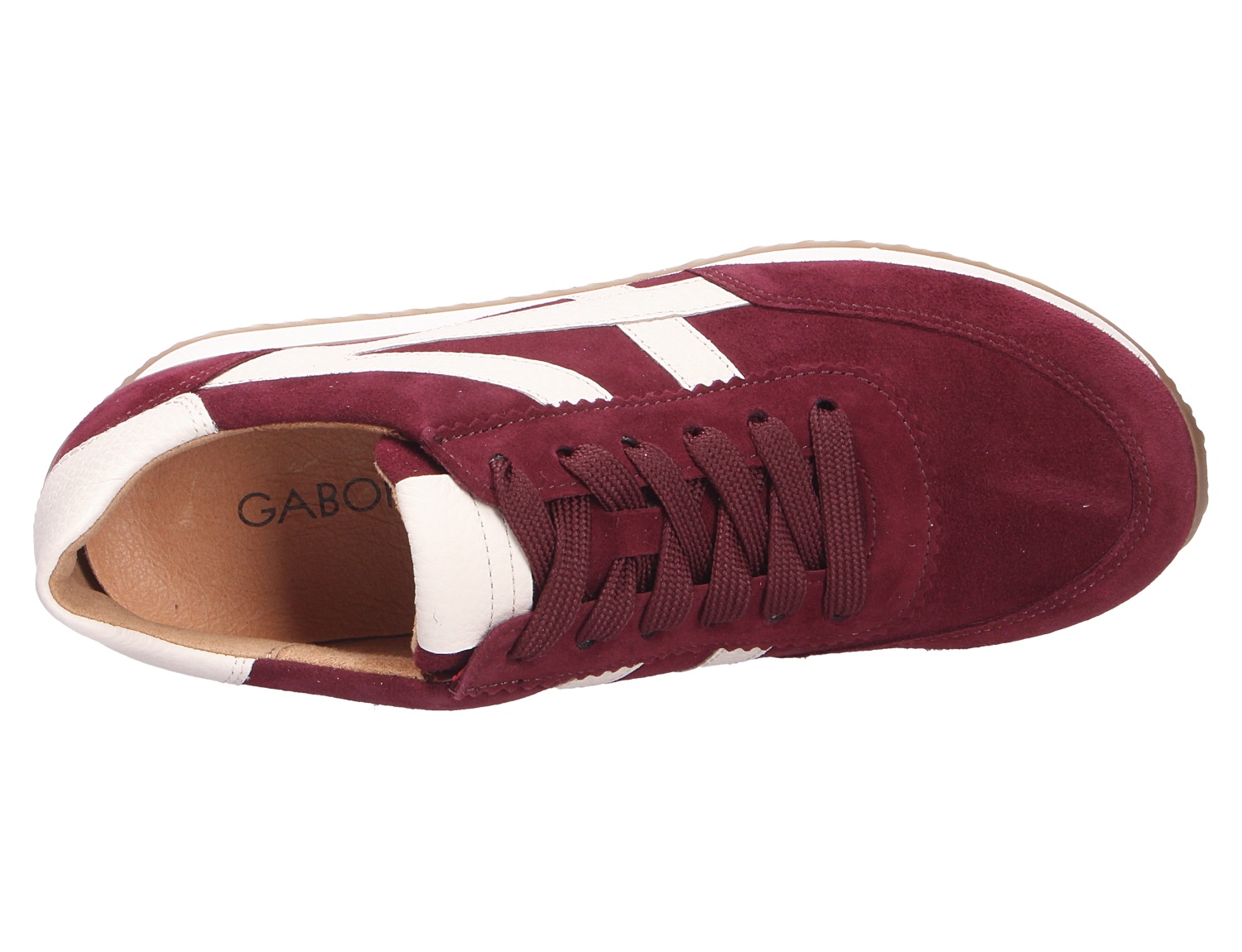 Gabor Damen Sneaker in Bordeaux aus Veloursleder mit weißen Einsätzen und Schnürung, Draufsicht