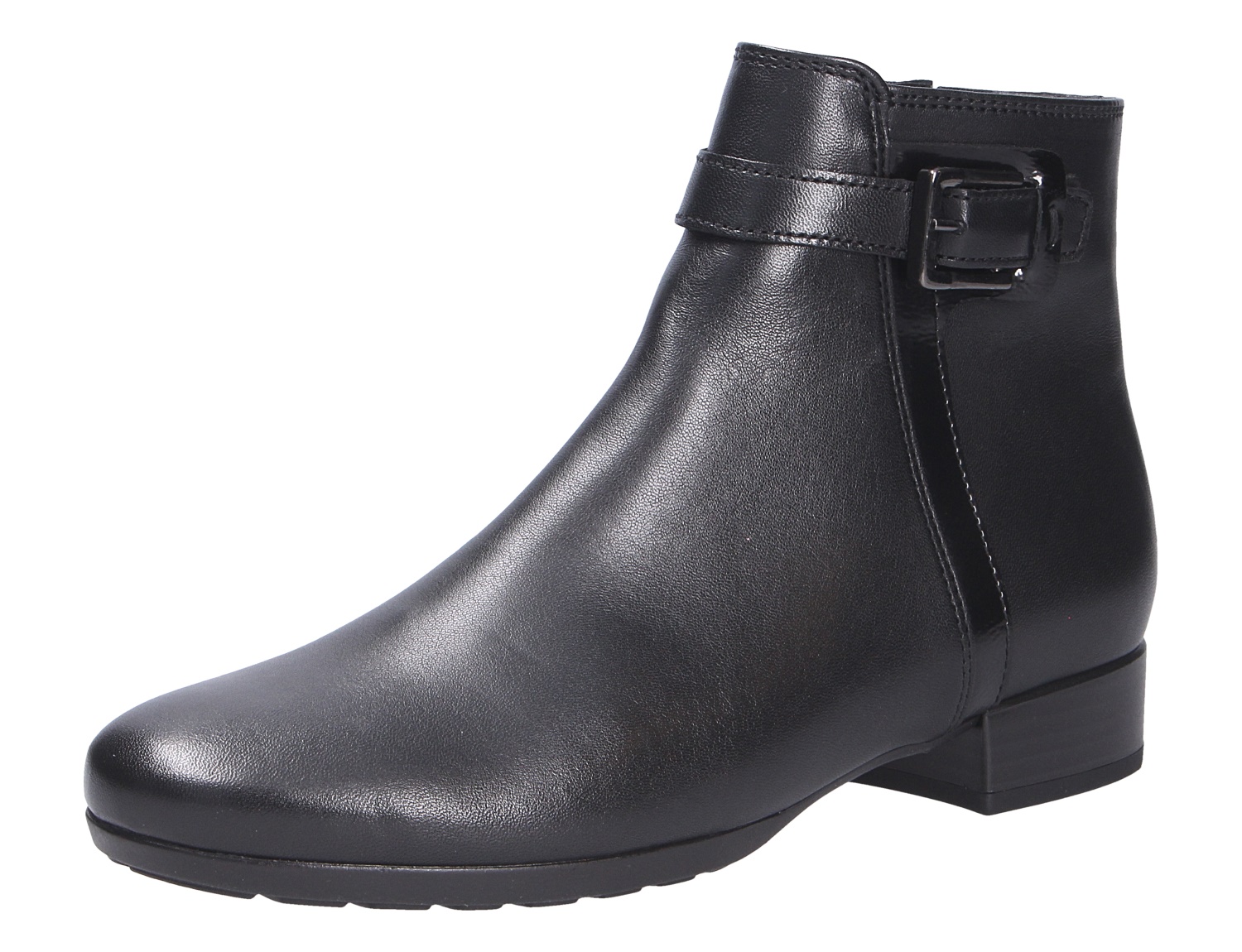 Gabor Damen Stiefel in Schwarz, seitliche Ansicht eines eleganten Kurzstiefels aus glattem Leder mit Zierschnalle und niedrigem Blockabsatz
