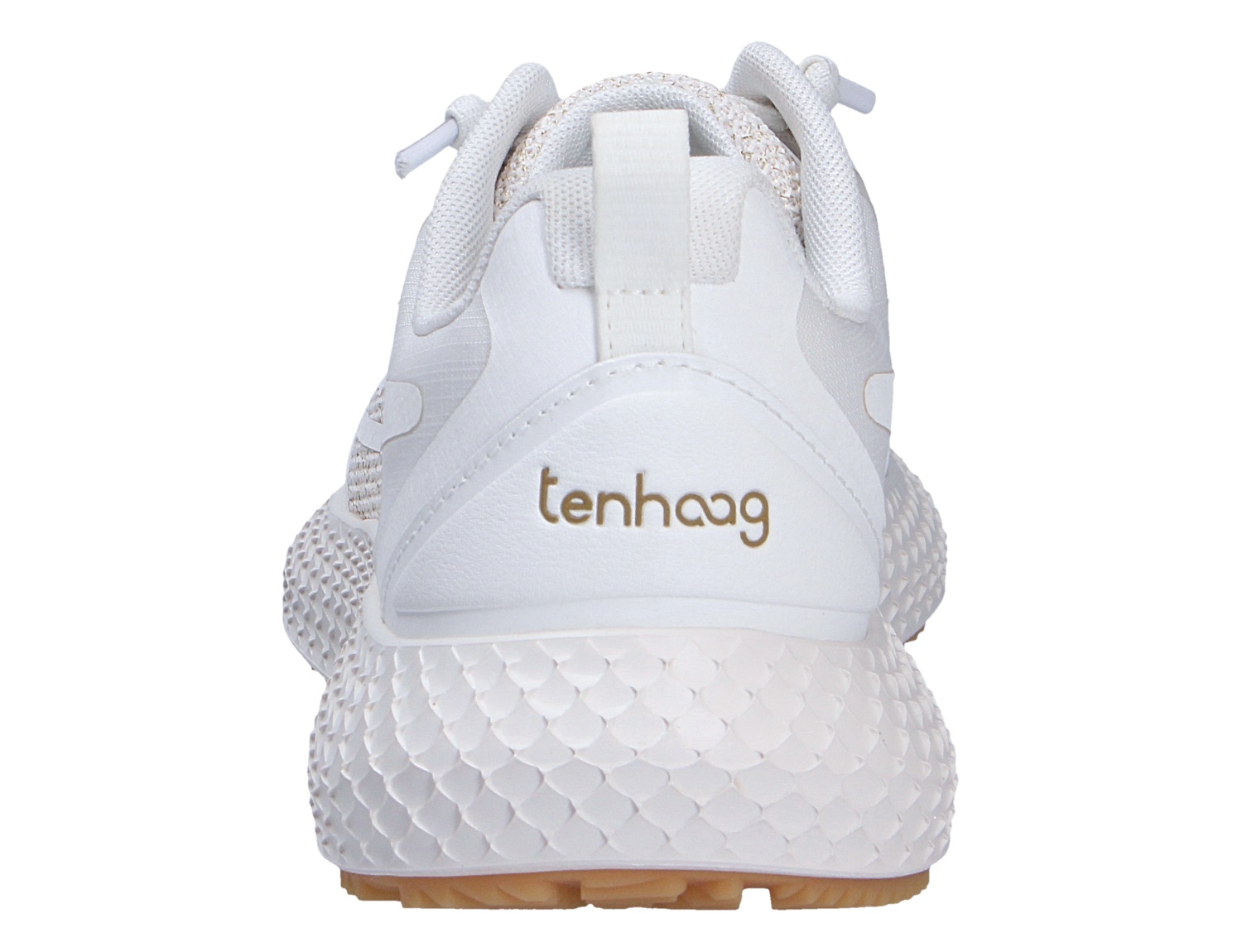 Rückansicht des weißen Sneaker-Modells neohhag von tenhaag mit Schnürung, Logo an der Ferse und markant strukturierter Laufsohle