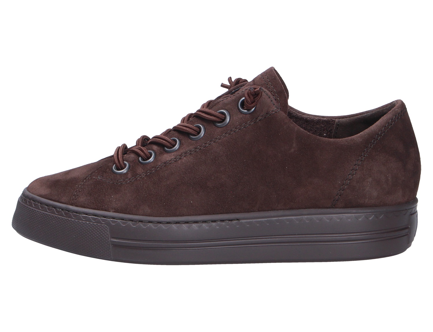 Paul Green 4081 Damen-Sneaker aus braunem Veloursleder, seitliche Ansicht, flache Plateausohle und Schnürung