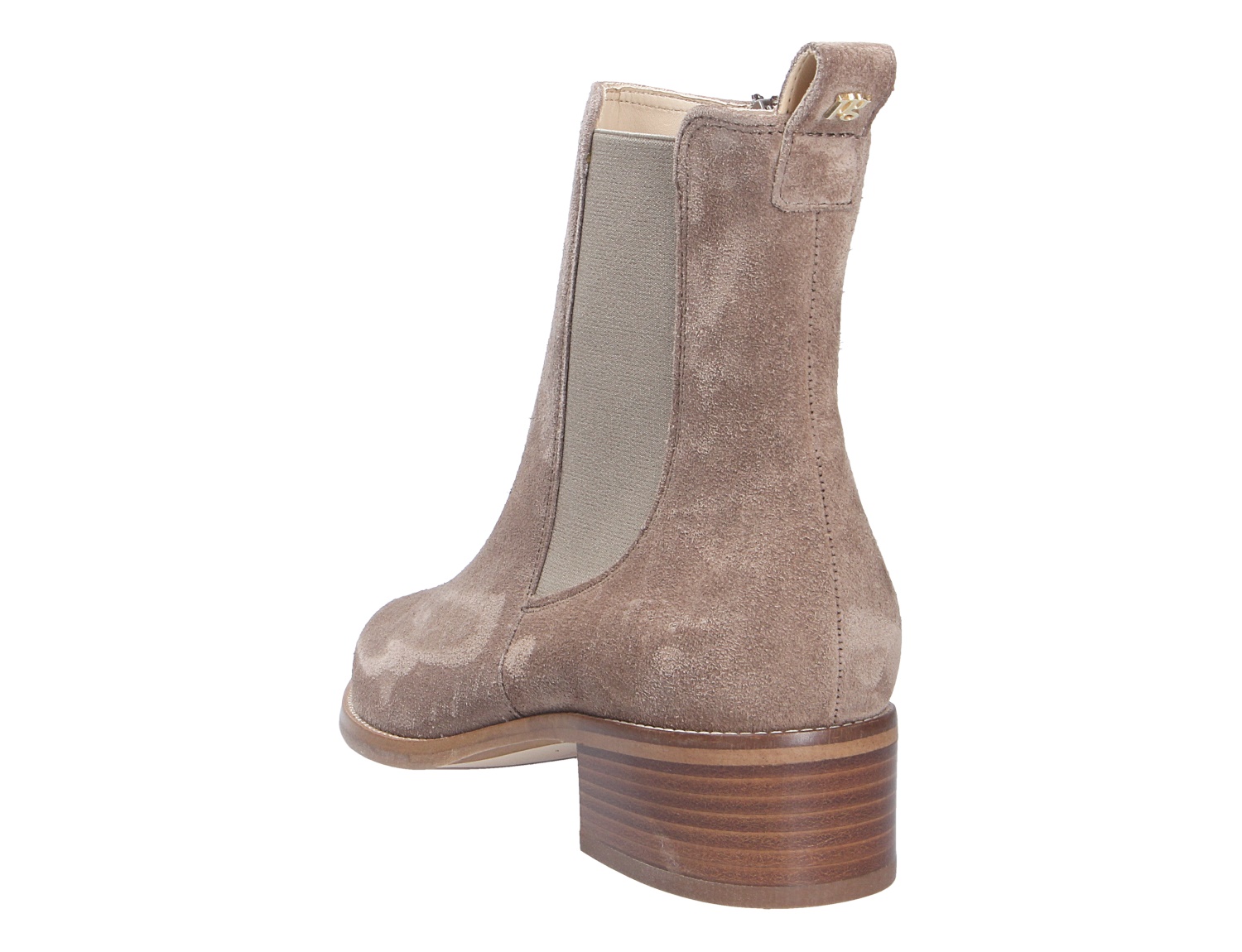 Paul Green Damen Stiefel in Taupe, Chelsea-Boot aus Veloursleder mit seitlichem Stretcheinsatz und Blockabsatz, Rückansicht