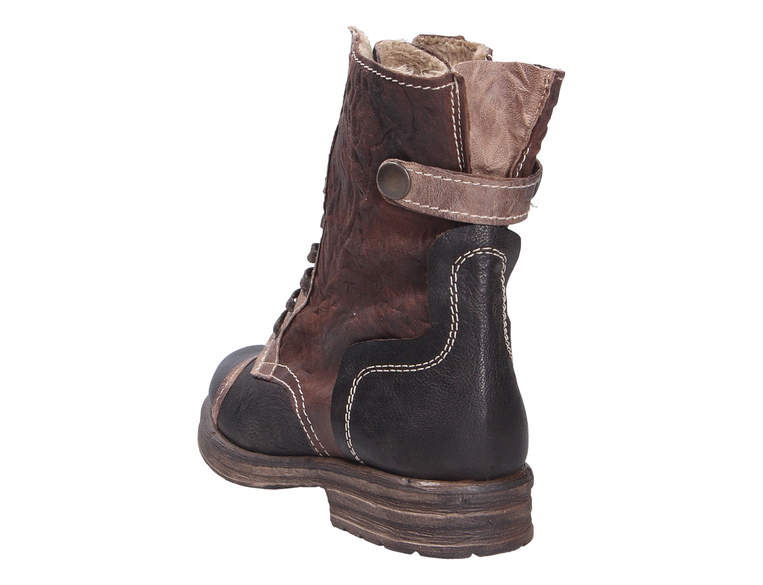 Rückansicht der Charme Etnic 26 Damen-Stiefelette aus Leder in Braun und Schwarz mit Ziernähten, Riemen und robuster Sohle