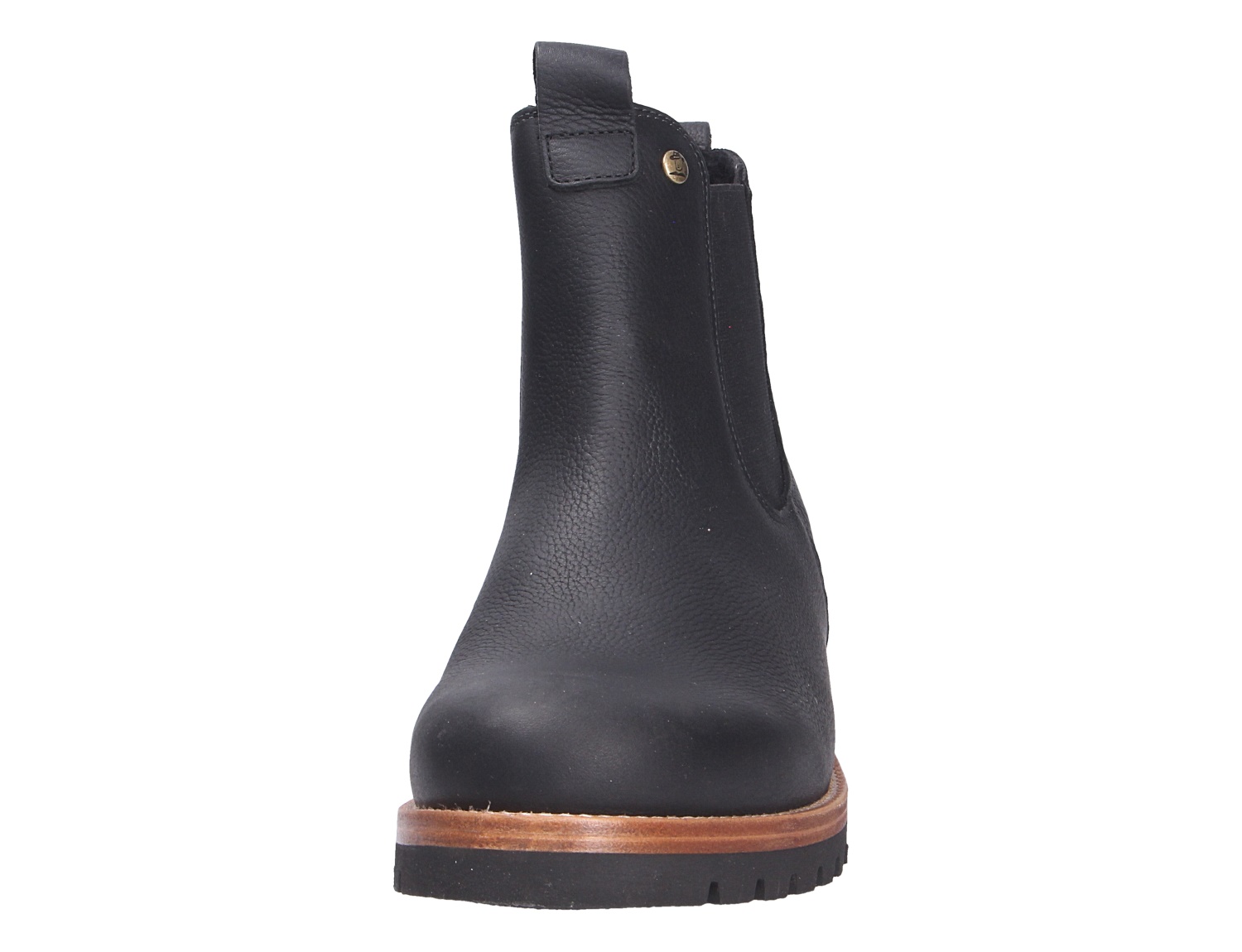 Frontansicht des Panama Jack Beny Chelsea-Boots aus schwarzem Leder mit seitlichem Stretch-Einsatz und robuster Sohle