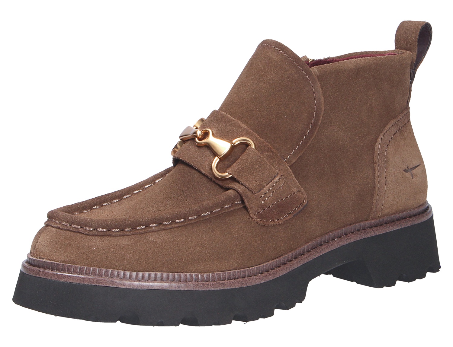 Tamaris Damen Stiefel in Braun aus Veloursleder, knöchelhoch mit goldfarbener Spange, Zierschlaufe und schwarzer Profilsohle