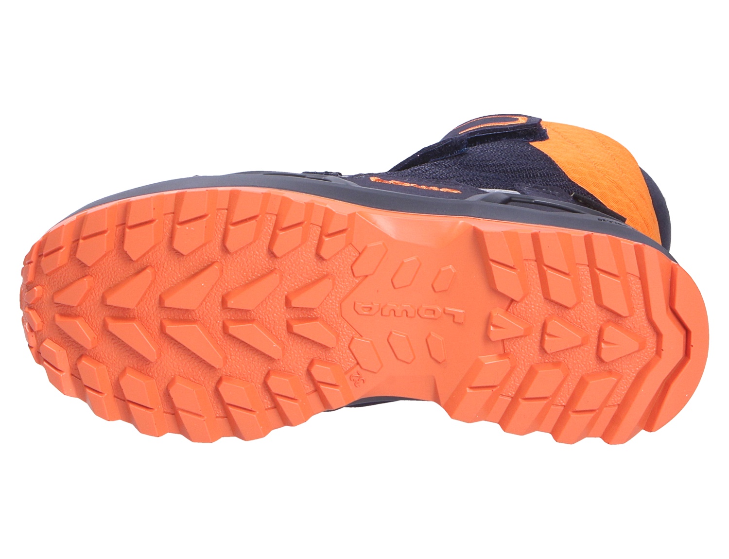 Unteransicht des Lowa MILO EVO GTX HI JR Kinder-Outdoorschuhs mit griffiger orangefarbener Profilsohle