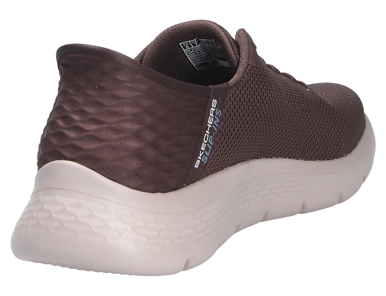Skechers Go Walk Sneaker in Braun mit atmungsaktivem Mesh-Obermaterial und weißer, leichter Dämpfungssohle in Rück- und Seitenansicht