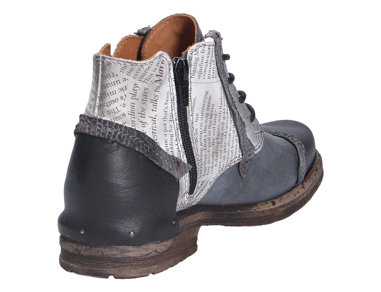 Charme ETNIC Damen-Stiefelette aus Leder in Grau und Schwarz, Rückansicht mit Zeitungsprint, Schnürung und seitlichem Reißverschluss
