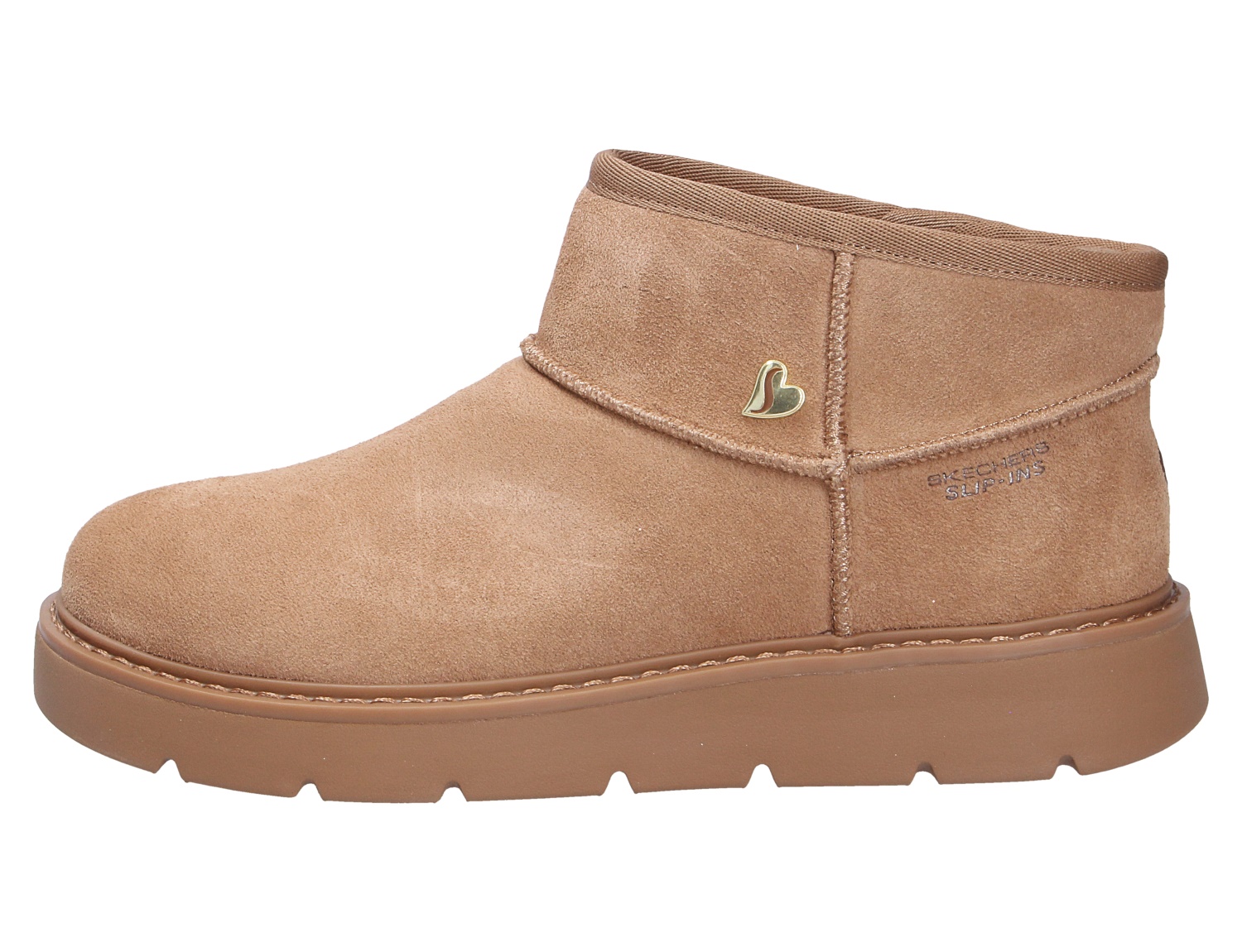 Skechers Keepsakes Cozy Damen-Boots in Braun mit kurzem Schaft, Veloursoptik und profilierter Sohle, seitliche Produktansicht