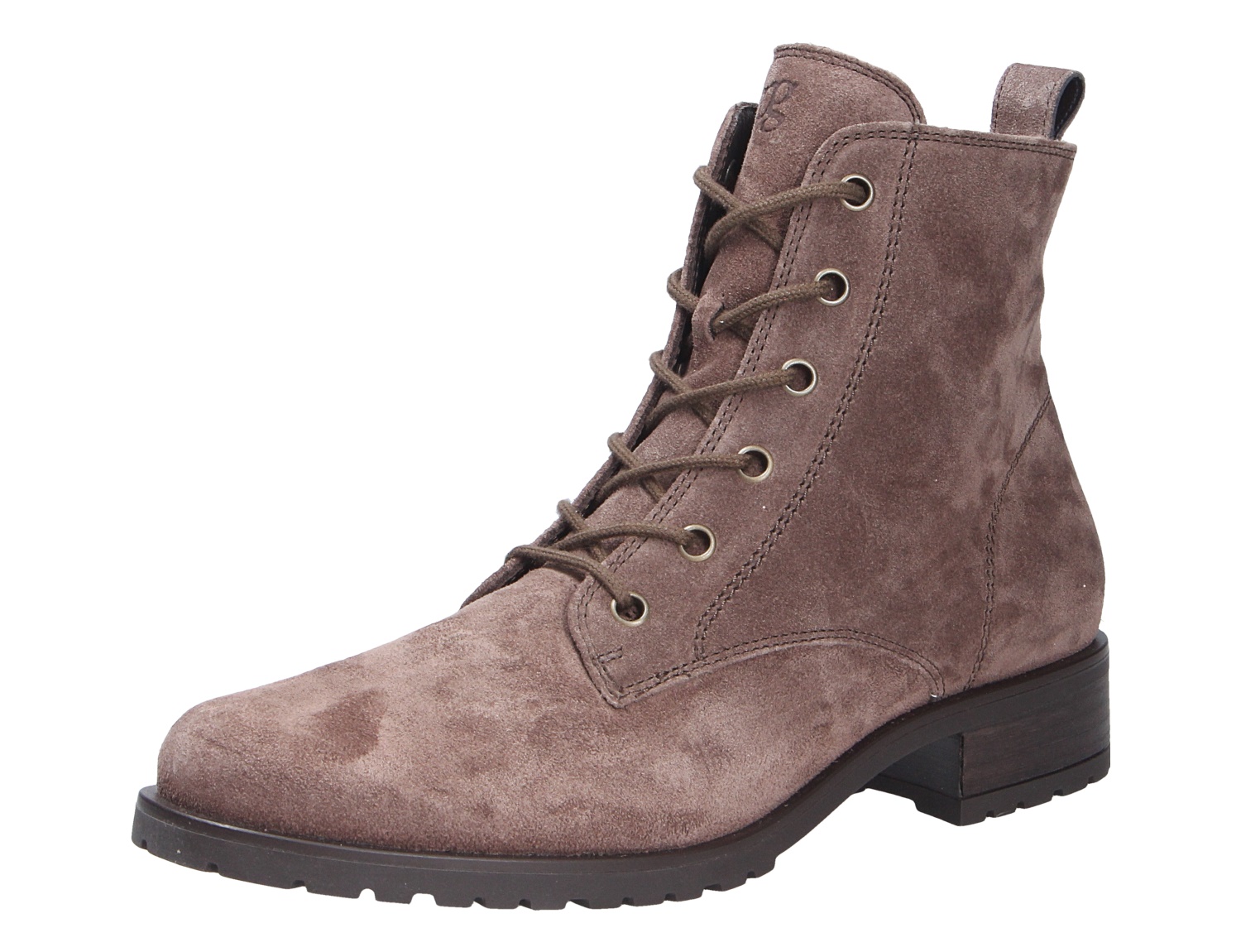 Paul Green Damen Stiefel aus taupefarbenem Veloursleder, knöchelhoch mit Schnürung, Zuglasche und robuster Sohle