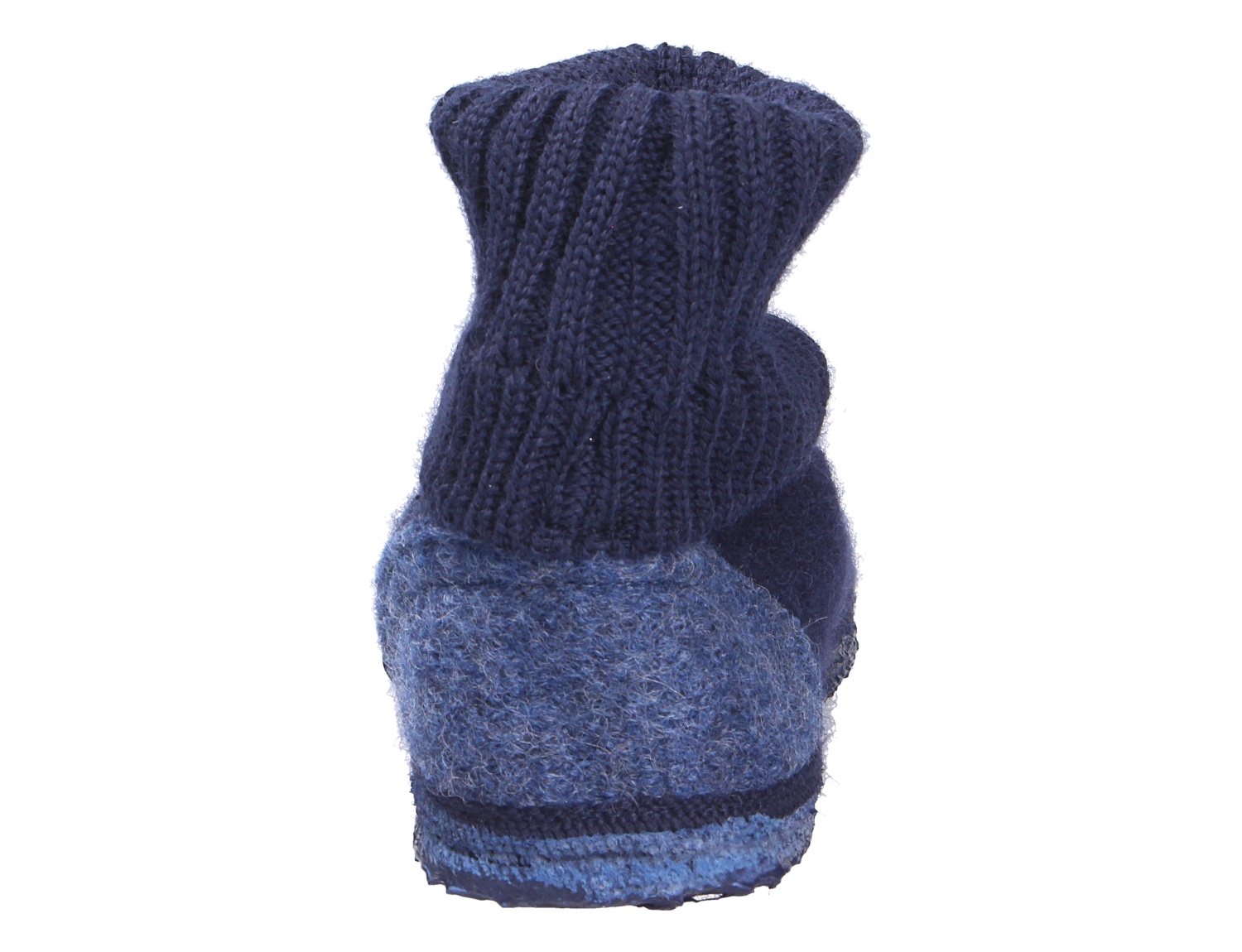 Rückansicht des blauen Giesswein Hausschuhs KRAMSACH mit hohem geripptem Strickschaft und Filzsohle