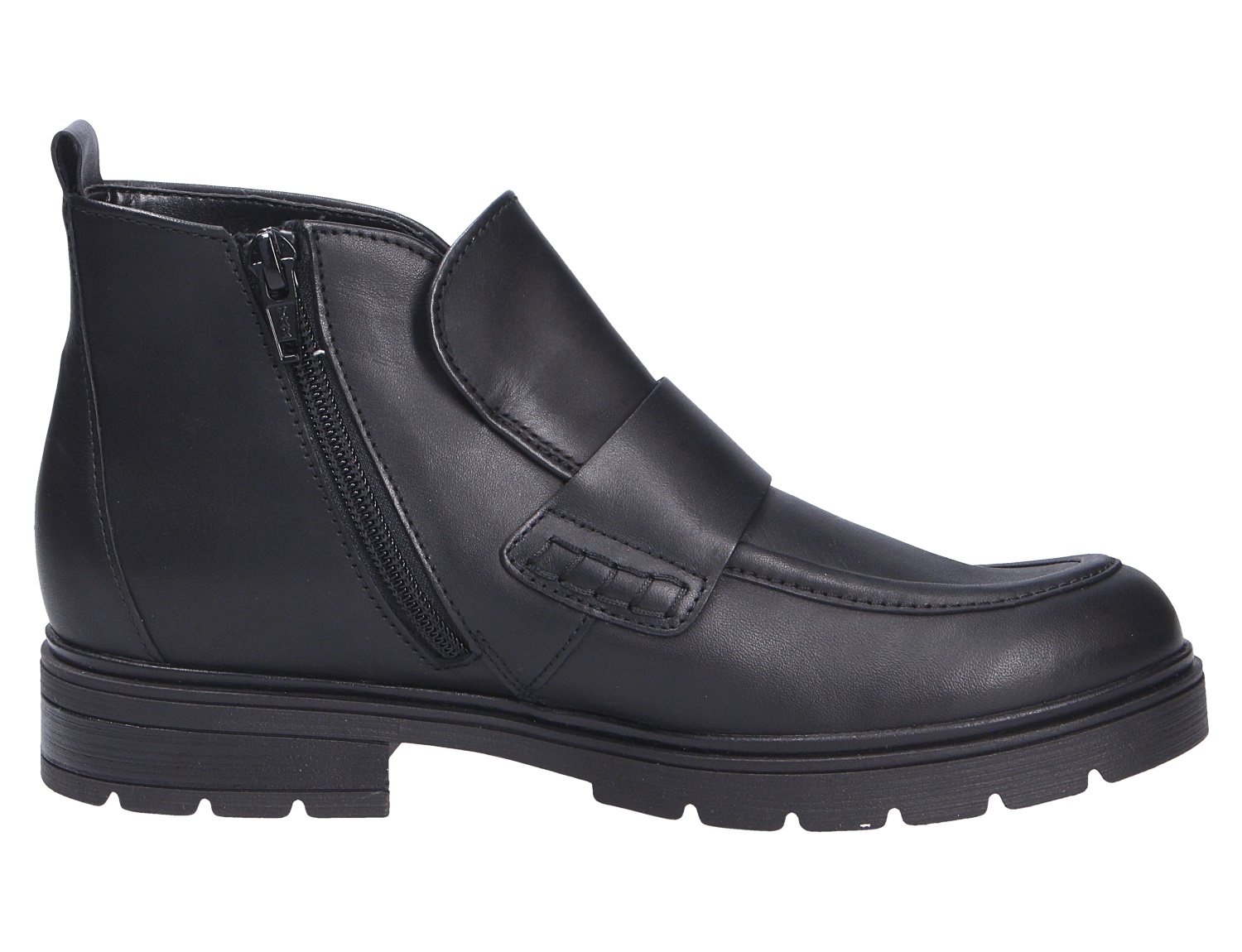 Schwarzer Gabor Damen Stiefel aus Glattleder mit seitlichem Reißverschluss, Zierspange und robuster Profilsohle in seitlicher Ansicht