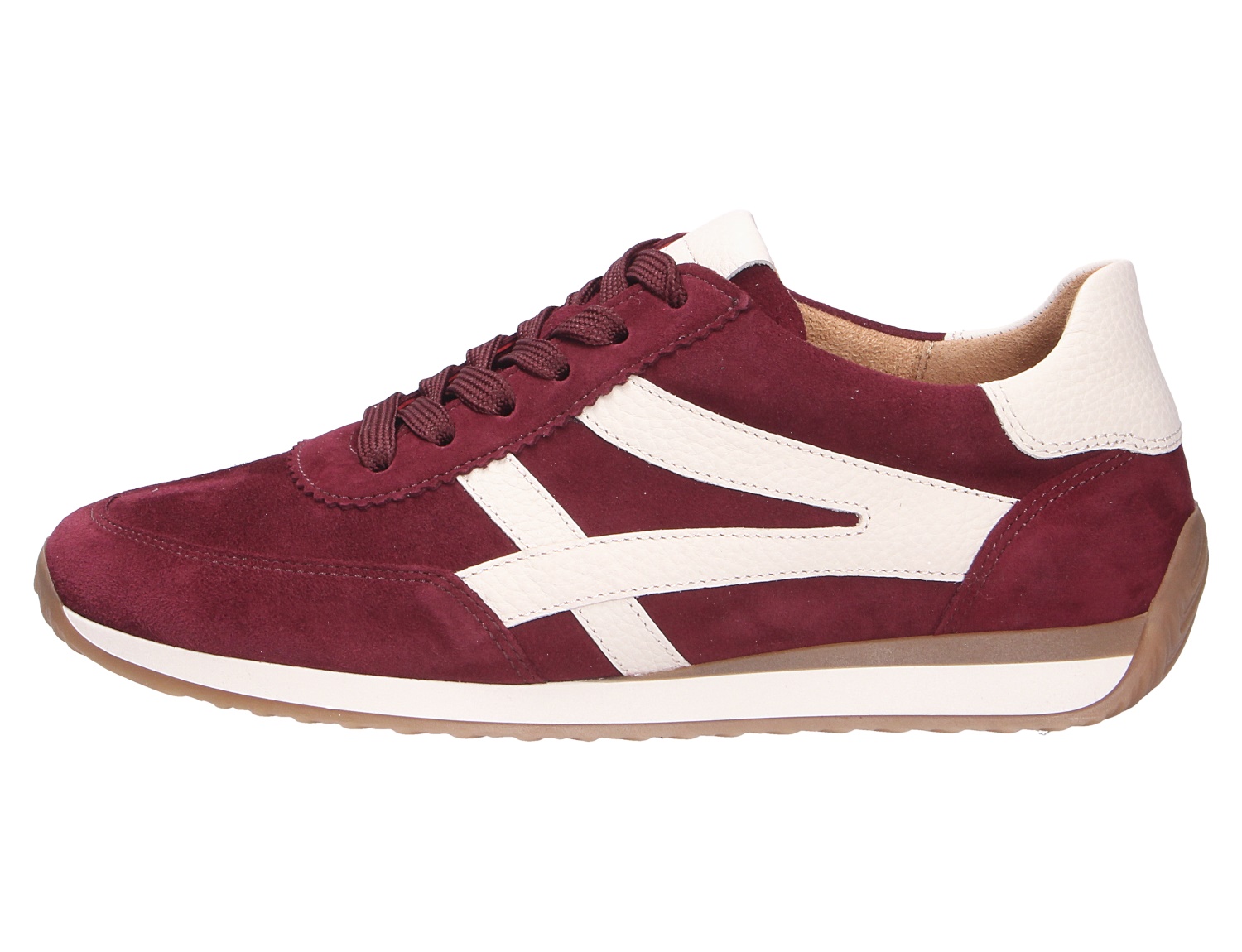 Gabor Damen Sneaker in Bordeaux aus Veloursleder mit weißen Leder-Details und Gummisohle, Seitenansicht