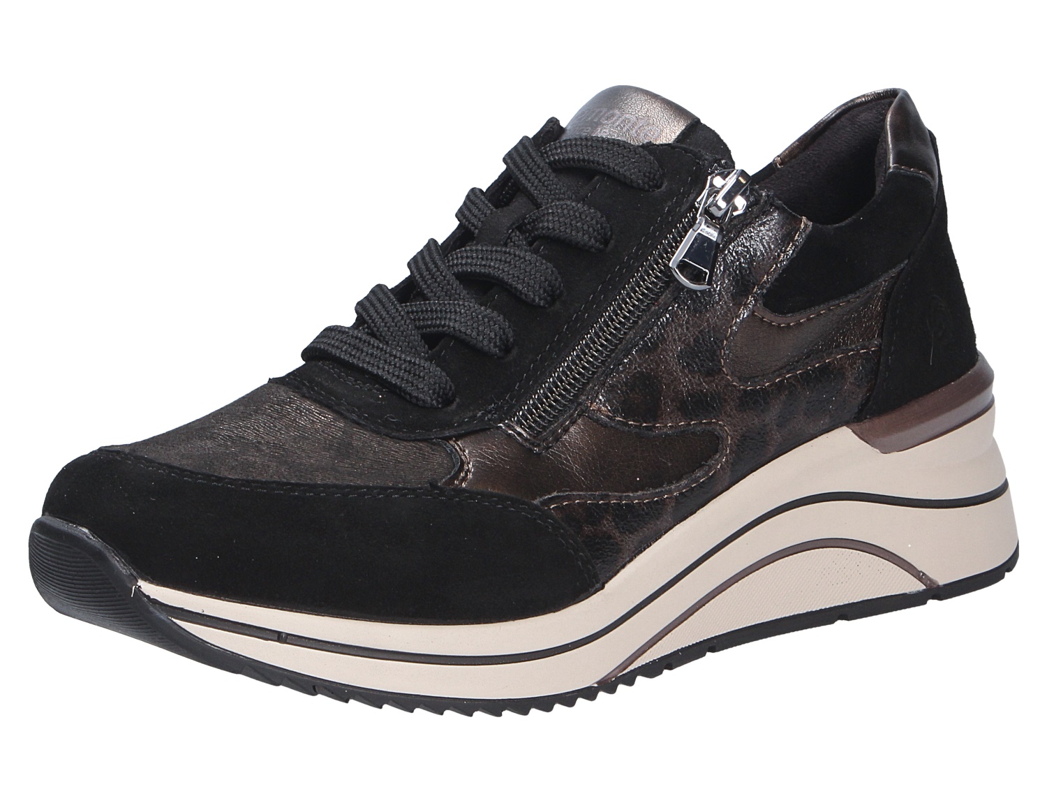 Remonte Damen Schnürschuhe in Schwarz mit Metallic-Details, Schnürung, seitlichem Reißverschluss und heller Keilsohle