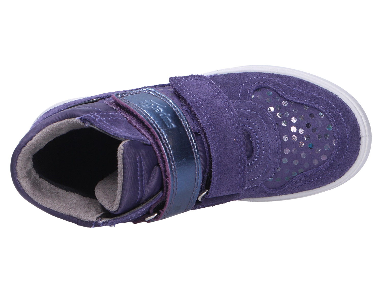 Ansicht von oben des Superfit Stella Kinder-Sneakers in Lila mit Klettverschluss, Veloursleder und glitzernden Details