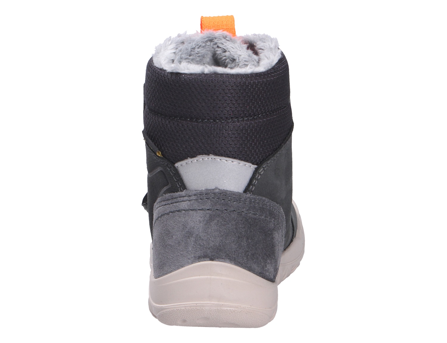 Rückansicht des Superfit WALDERI Winterboots in Schwarz und Grau mit weichem Warmfutter, reflektierendem Detail und robuster Sohle.