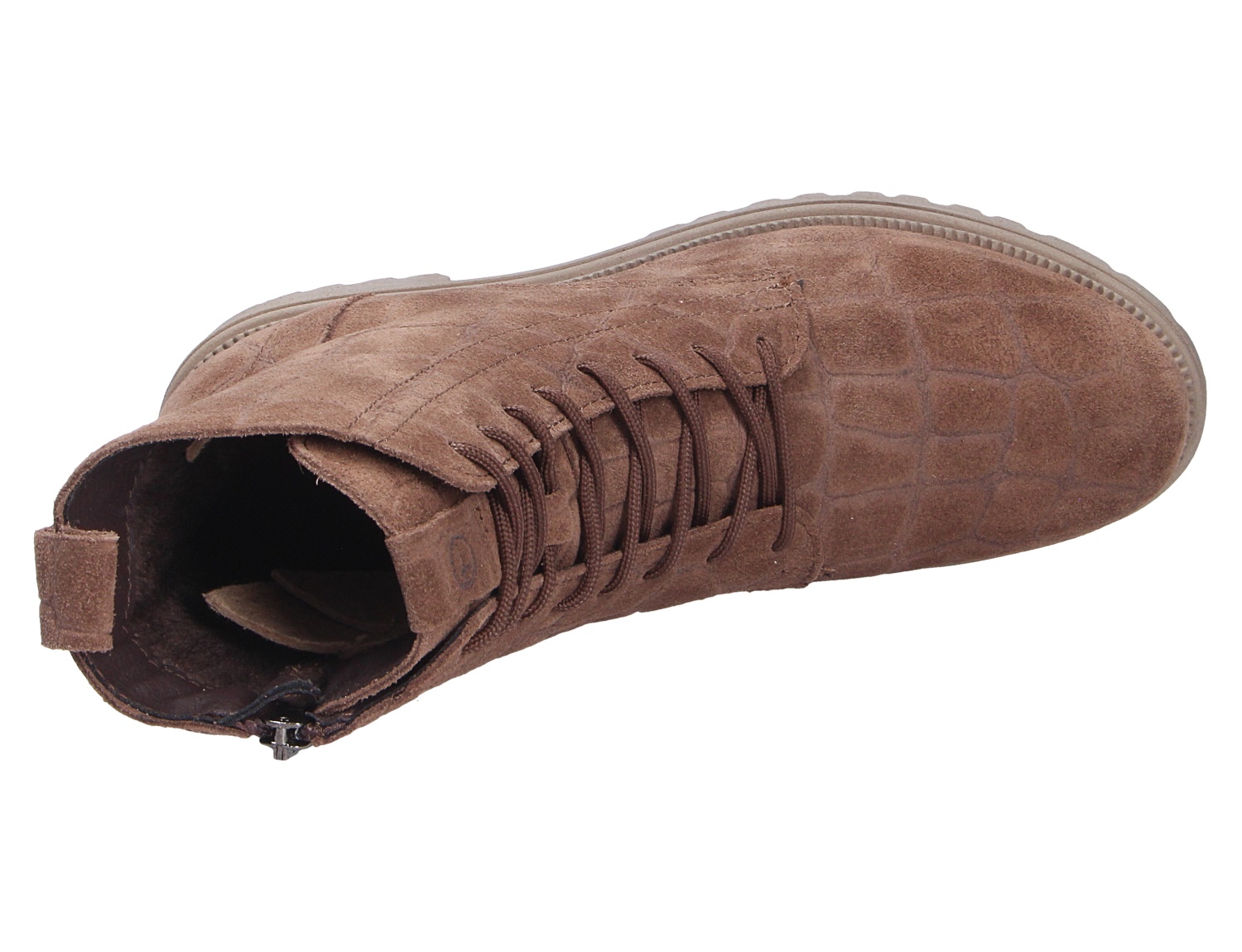 Ansicht von oben: Tamaris Damen Stiefel in Braun aus Veloursleder mit Schnürung, Reißverschluss und Krokoprägung im Vorderbereich