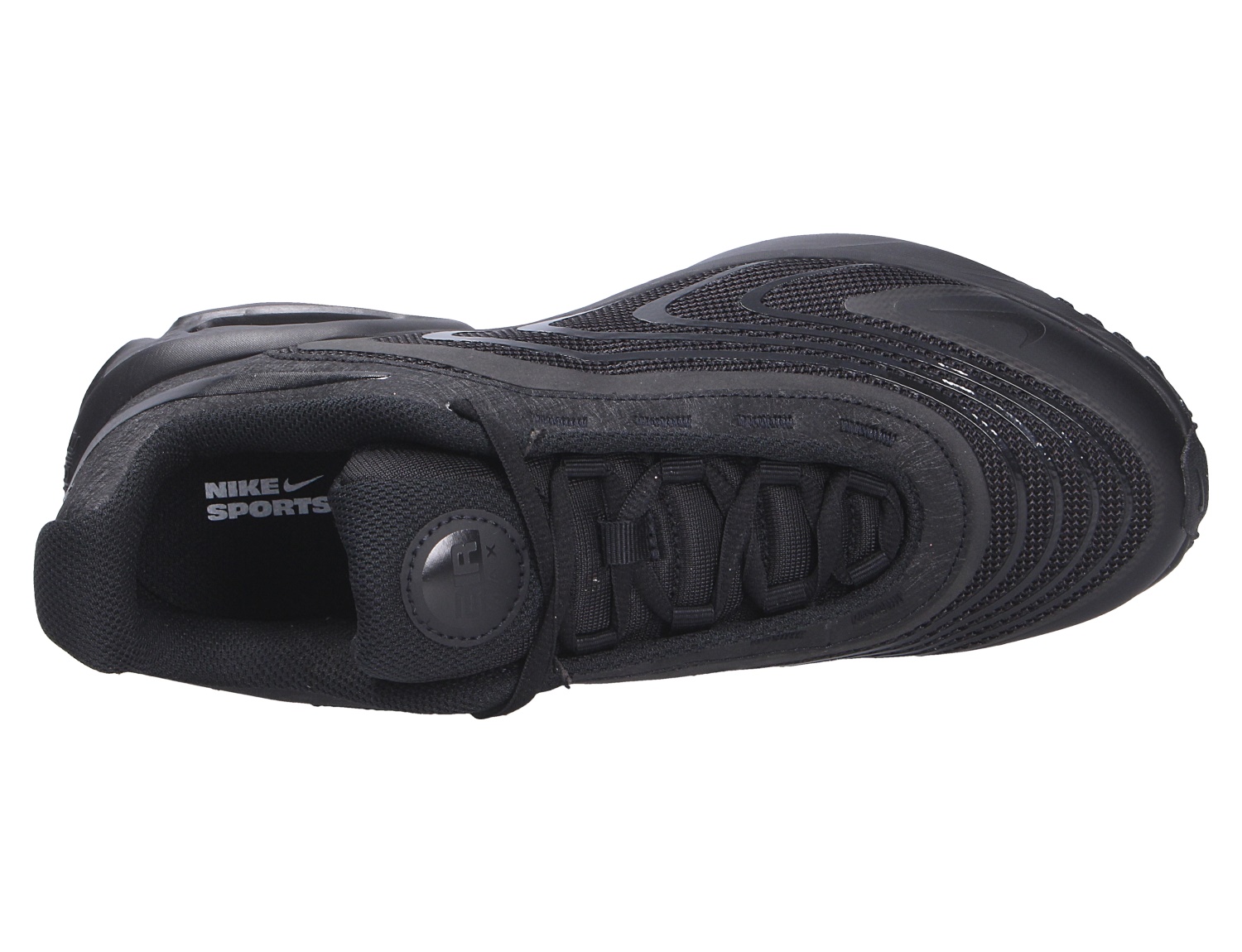 Nike AIR Max Fire Herren-Sneaker in Schwarz aus der Draufsicht, sportlicher Freizeitschuh mit markantem Design, Schnürung und komfortabler Passform