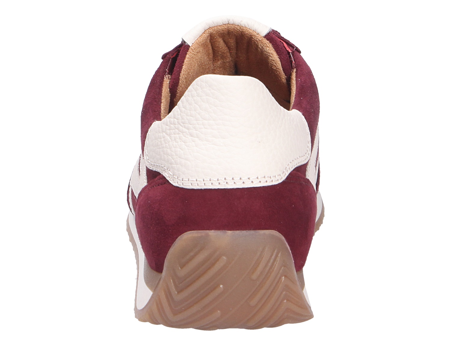 Rückansicht des Gabor Damen Sneakers in Bordeaux mit weißer Fersenkappe und profilierter Sohle