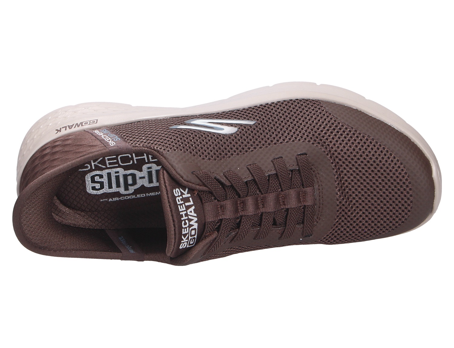 Skechers Go Walk Herren-Sneaker in Braun aus Mesh, Draufsicht mit Schnürung und weißer Laufsohle
