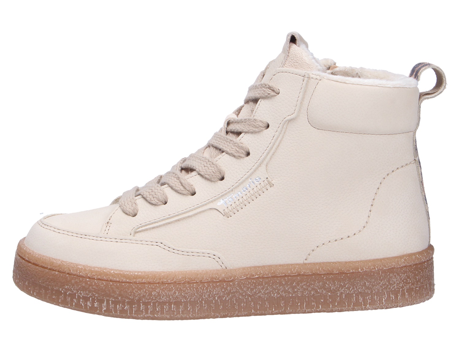 Tamaris Damen Sneaker in Creme, knöchelhoher High-Top mit Schnürsenkeln, seitlichem Reißverschluss, warmem Innenfutter und brauner Sohle