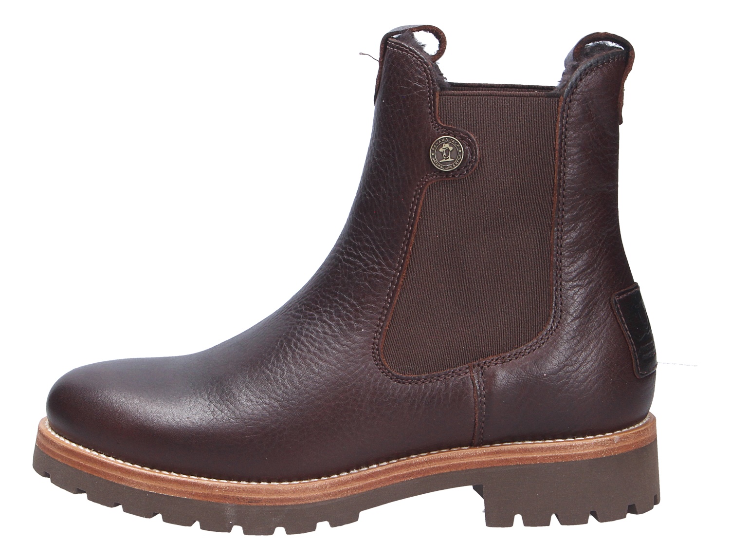 Panama Jack Francesca Chelsea-Boot aus braunem Leder mit seitlichem Stretch-Einsatz und robuster Profilsohle