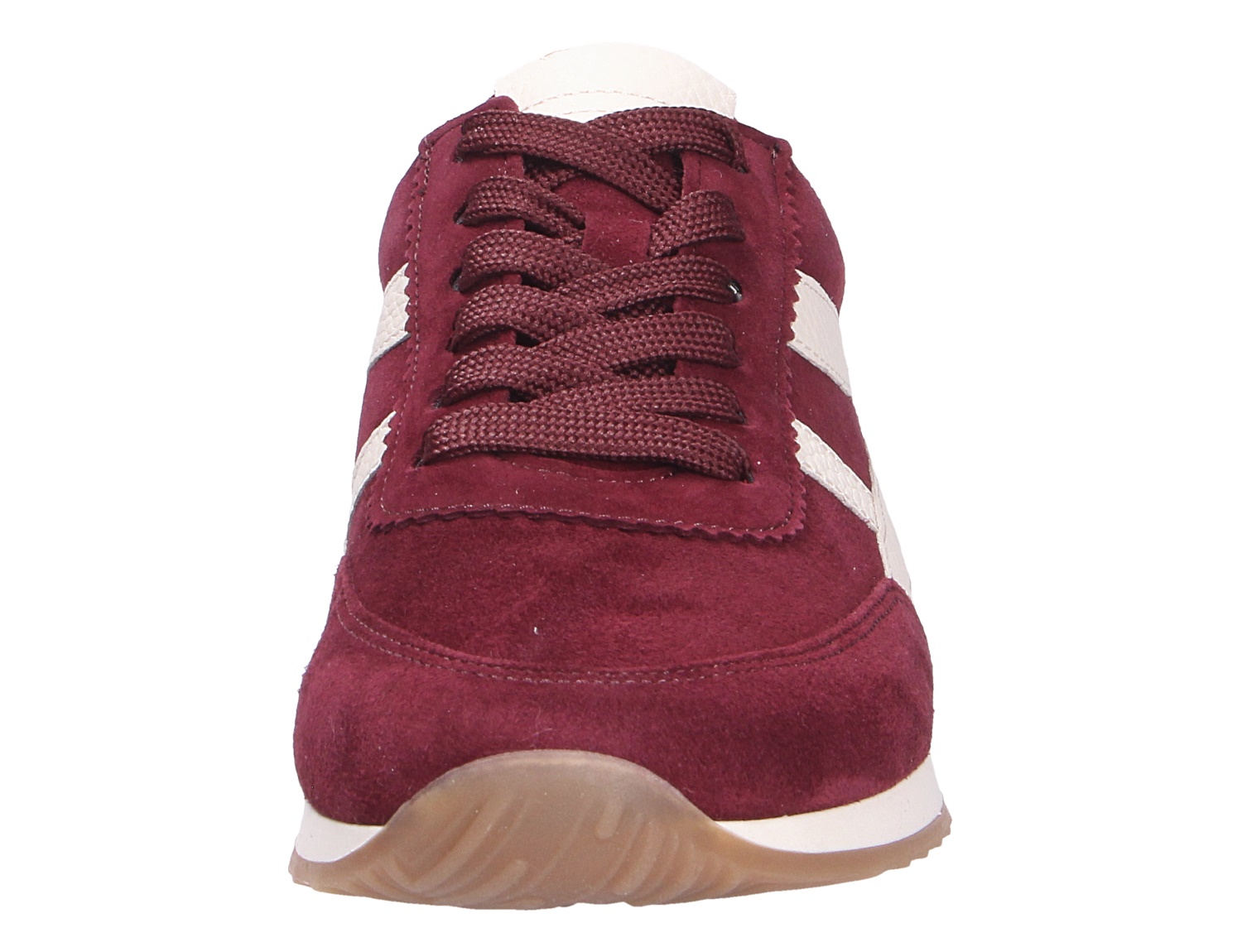 Frontansicht des Gabor Damen Sneakers in Bordeaux mit Schnürung, Veloursleder und heller Sohle