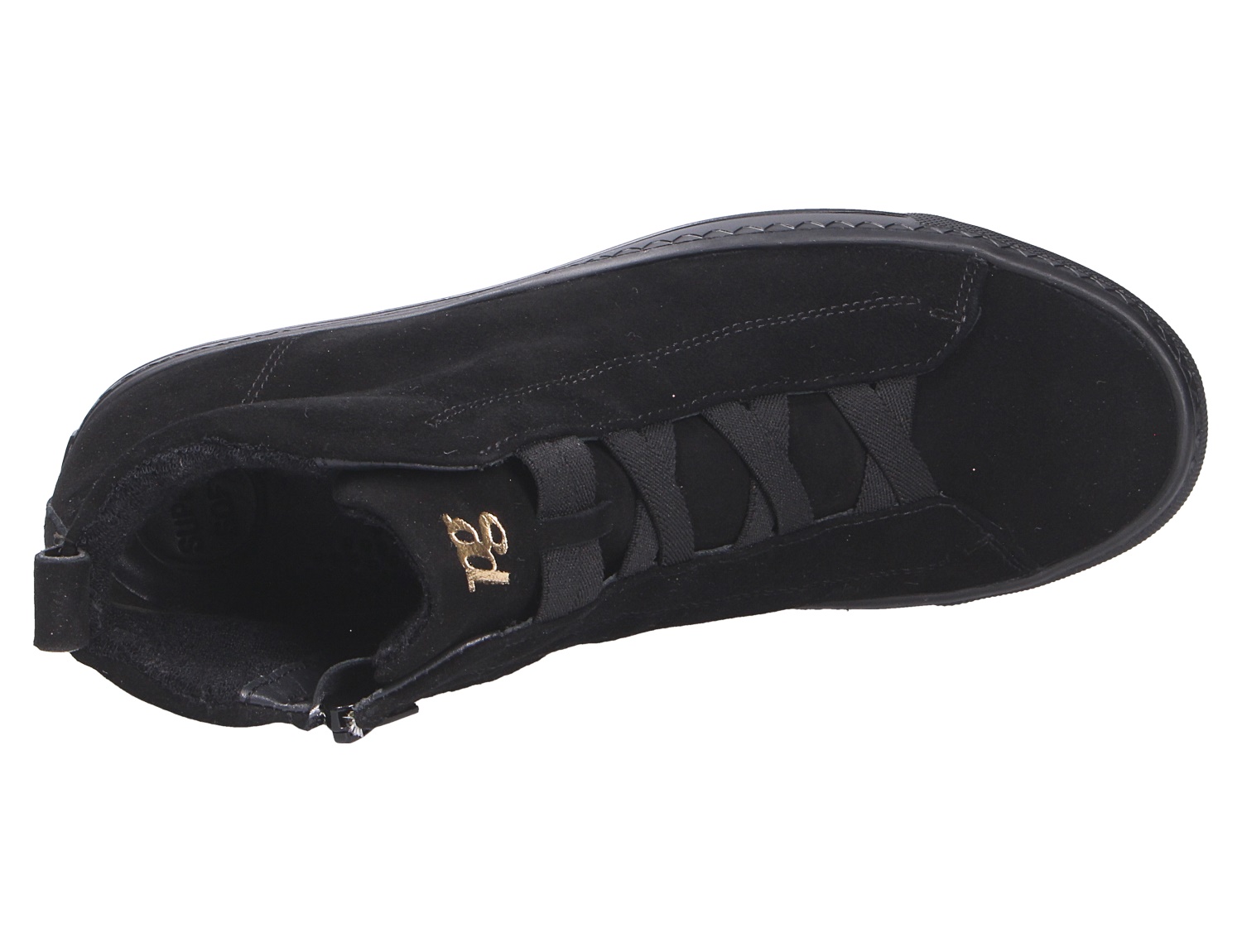 Paul Green Damen Sneaker in Schwarz aus Veloursleder, Ansicht von oben mit breiten Elastikriemen und seitlichem Reißverschluss