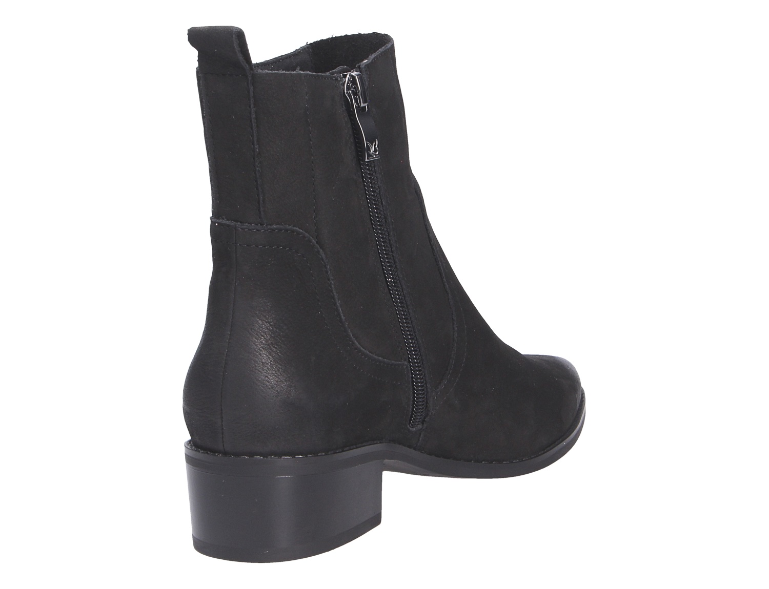 Caprice Damen Stiefel in Schwarz, seitliche Ansicht einer eleganten Stiefelette mit Reißverschluss und Blockabsatz