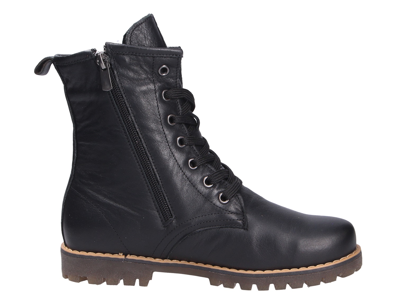 Andrea Conti Damen Stiefel, schwarzer Lederboot mit Schnürung, seitlichem Reißverschluss und profilierter Sohle in Seitenansicht